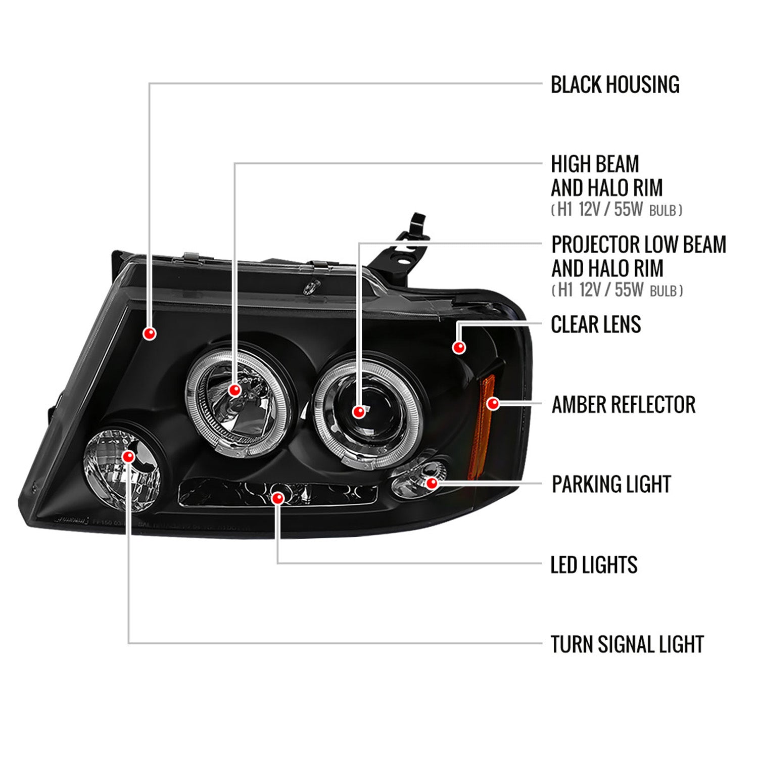 2004-2008 Ford F-150/ 06-2008 Lincoln Mark LT Dual Halo Headlights Matte Black