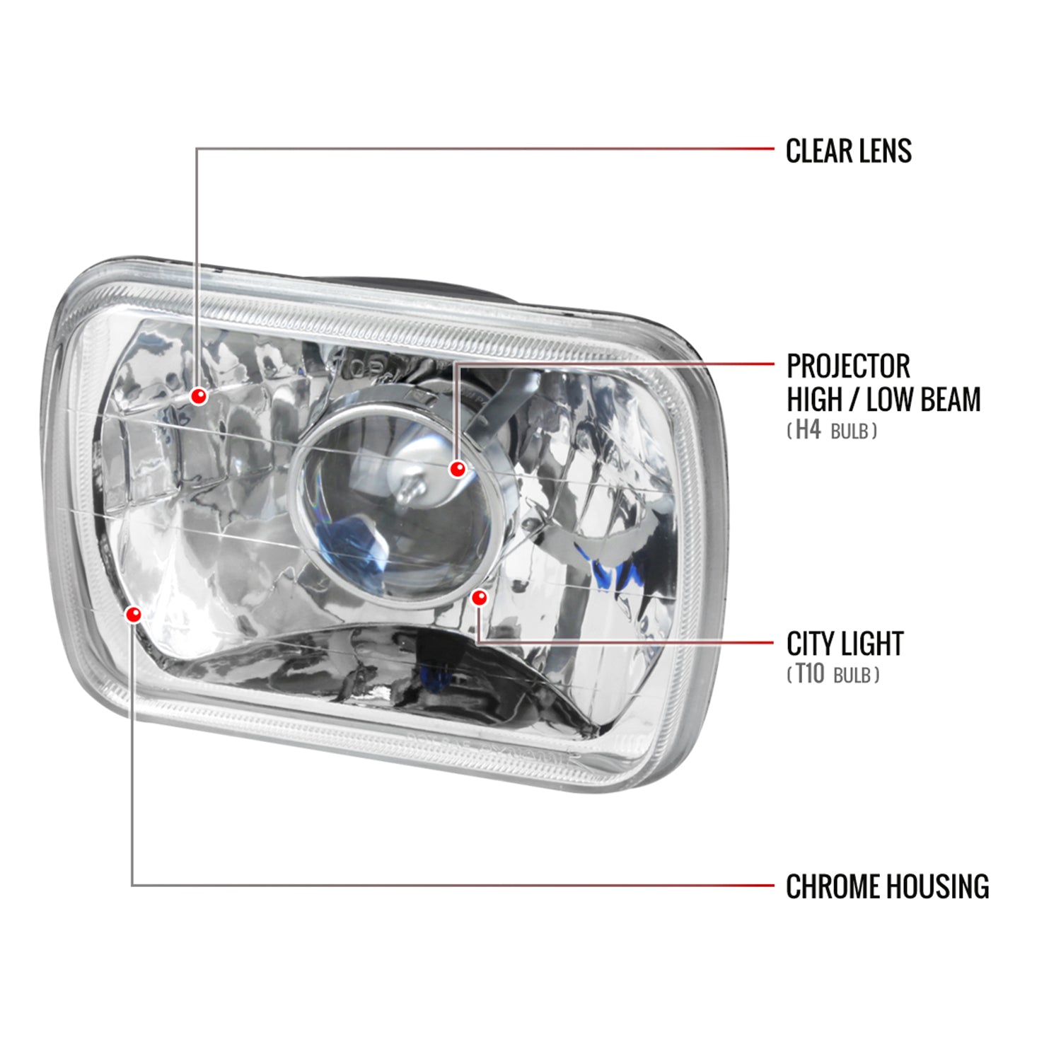 Universal 7"x6" H4 Projector Headlights Chrome Housing/Clear Lens