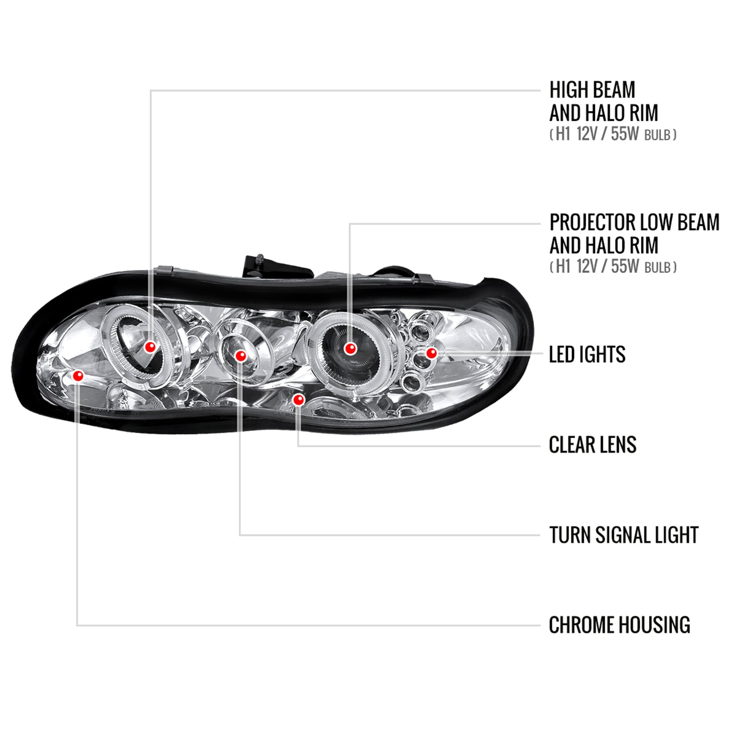 1998-2002 Chevy Camaro Dual Halo Projector Headlights Chrome/Clear Lens