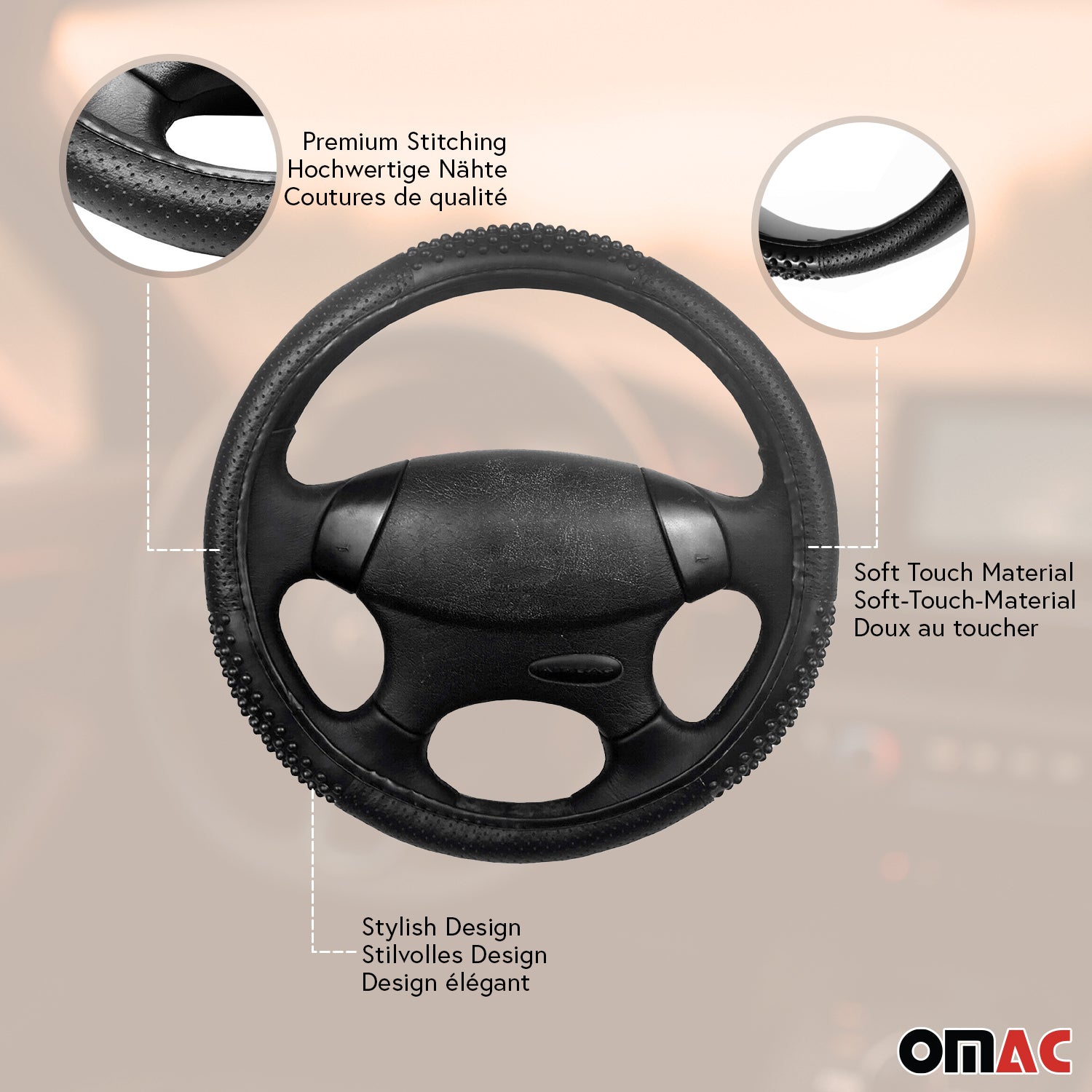 14.5-15.5’’ Steering Wheel Cover Black Leather Anti-slip Breathable