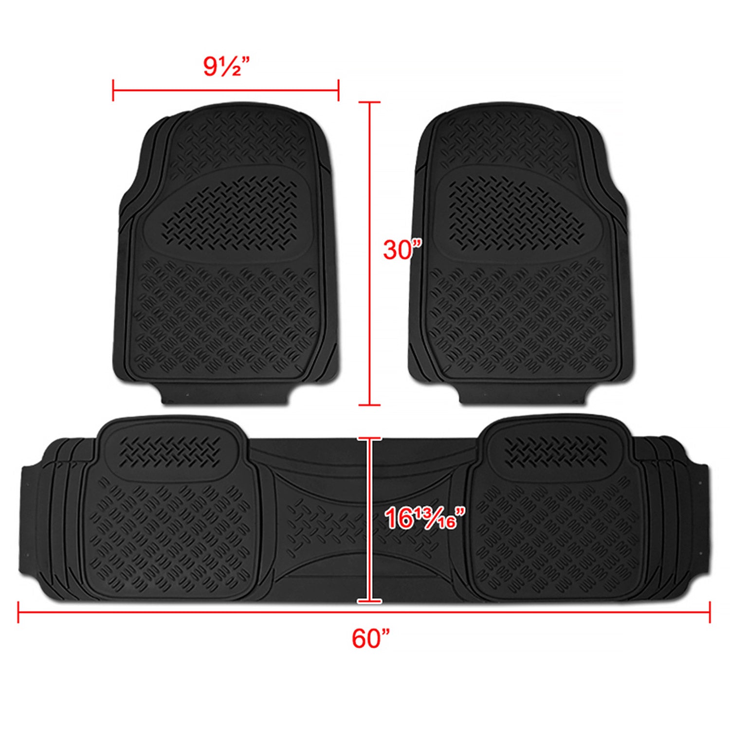 Universal fit Rubber Car Floor Mats Liner All Weather 3Pcs Black