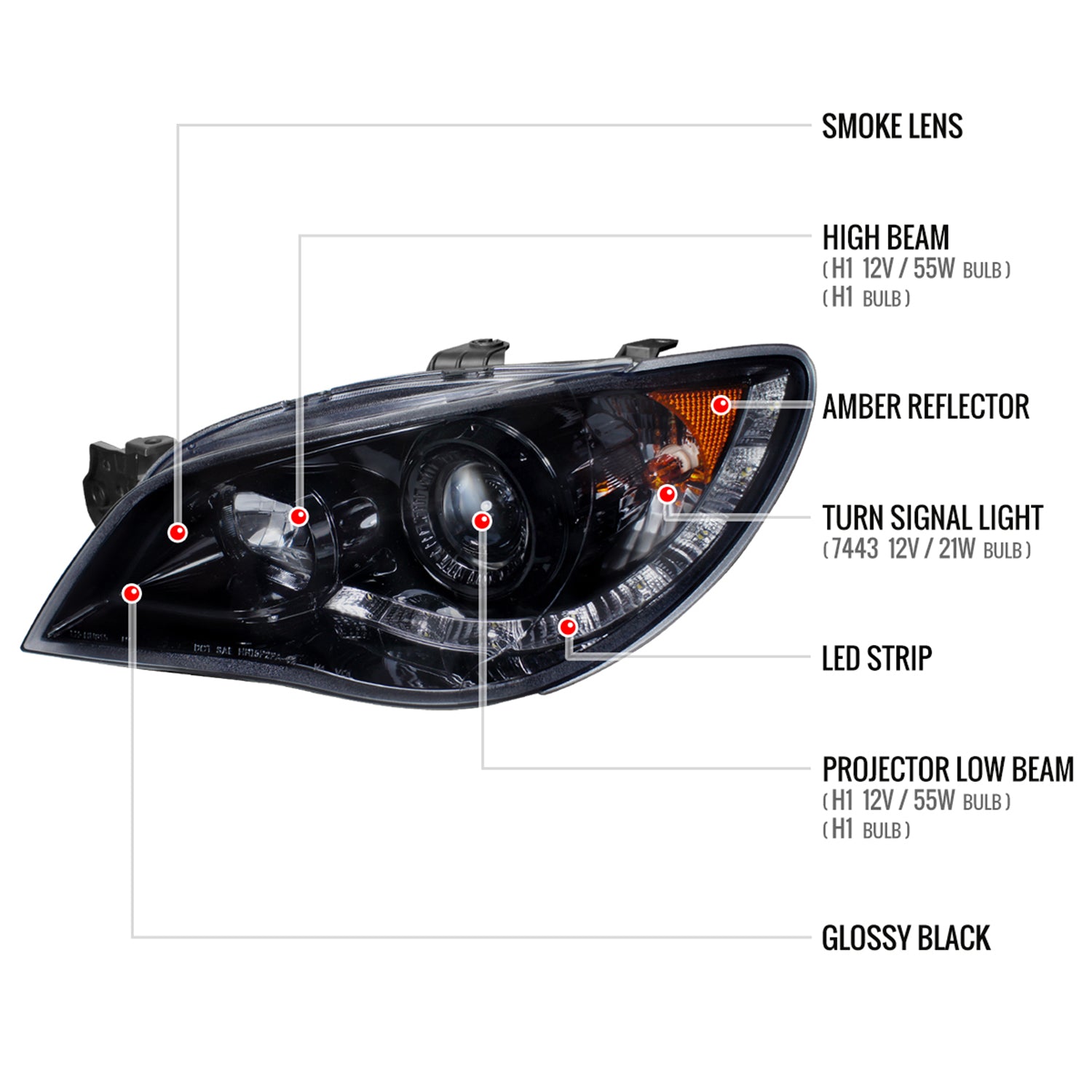 2006-2007 Subaru Impreza WRX/STI Projector Headlights LED Light Strip Smoke