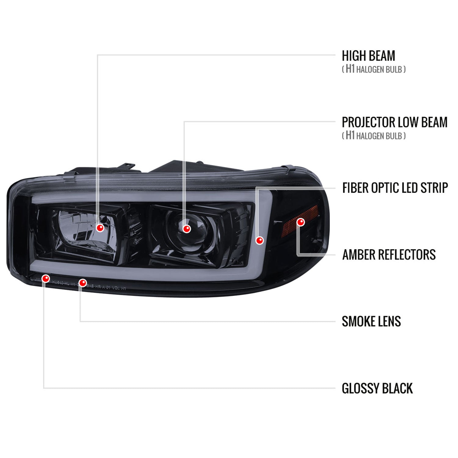 2000-2006 GMC Sierra/Denali/Yukon LED Strip Projector Headlights Black/Smoke
