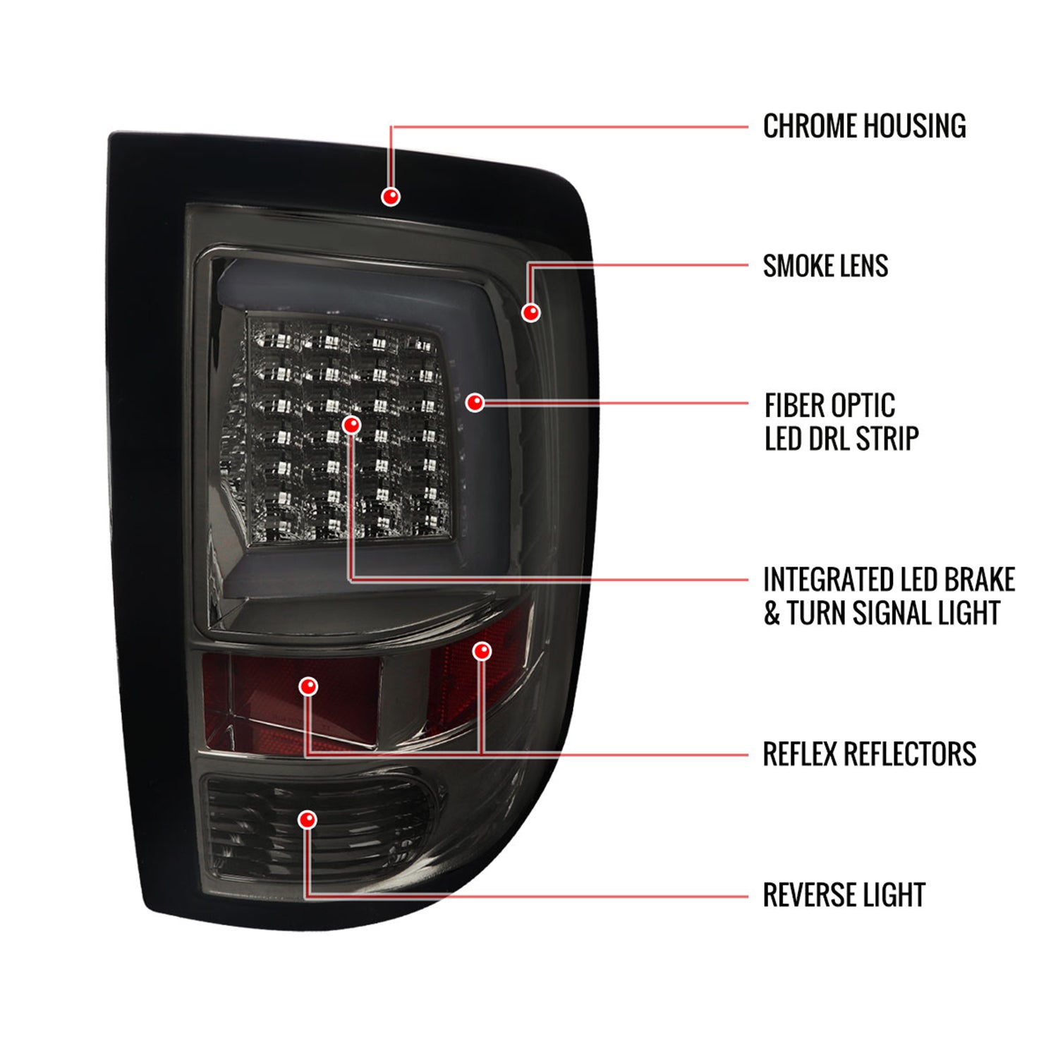 2009-2018 Dodge RAM 1500 2500 3500 White Bar LED Tail Lights Chrome/Smoke