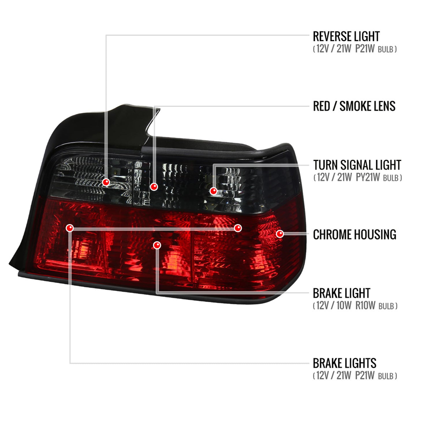1992-1998 BMW E36 3 Series Sedan Tail Lights Chrome Housing/Red Smoke Lens