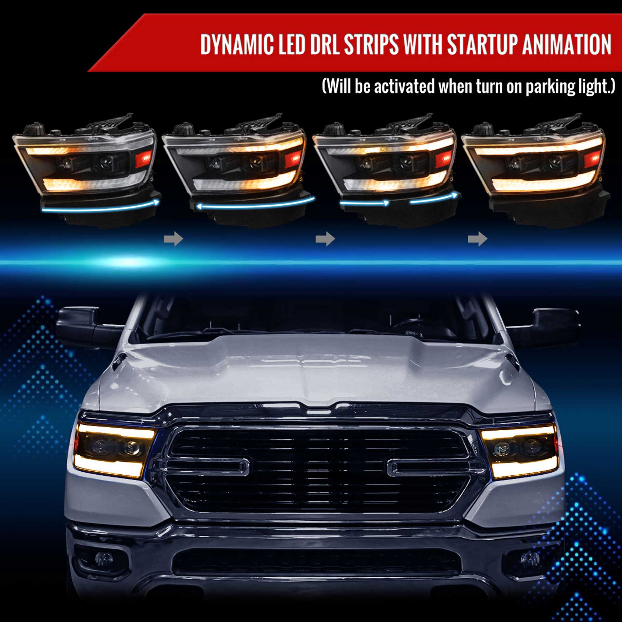 For Dodge RAM 1500 2019-2024  LED Headlights Turn Signals LED Pulsing Glow Matte Black Housing Clear Lens
