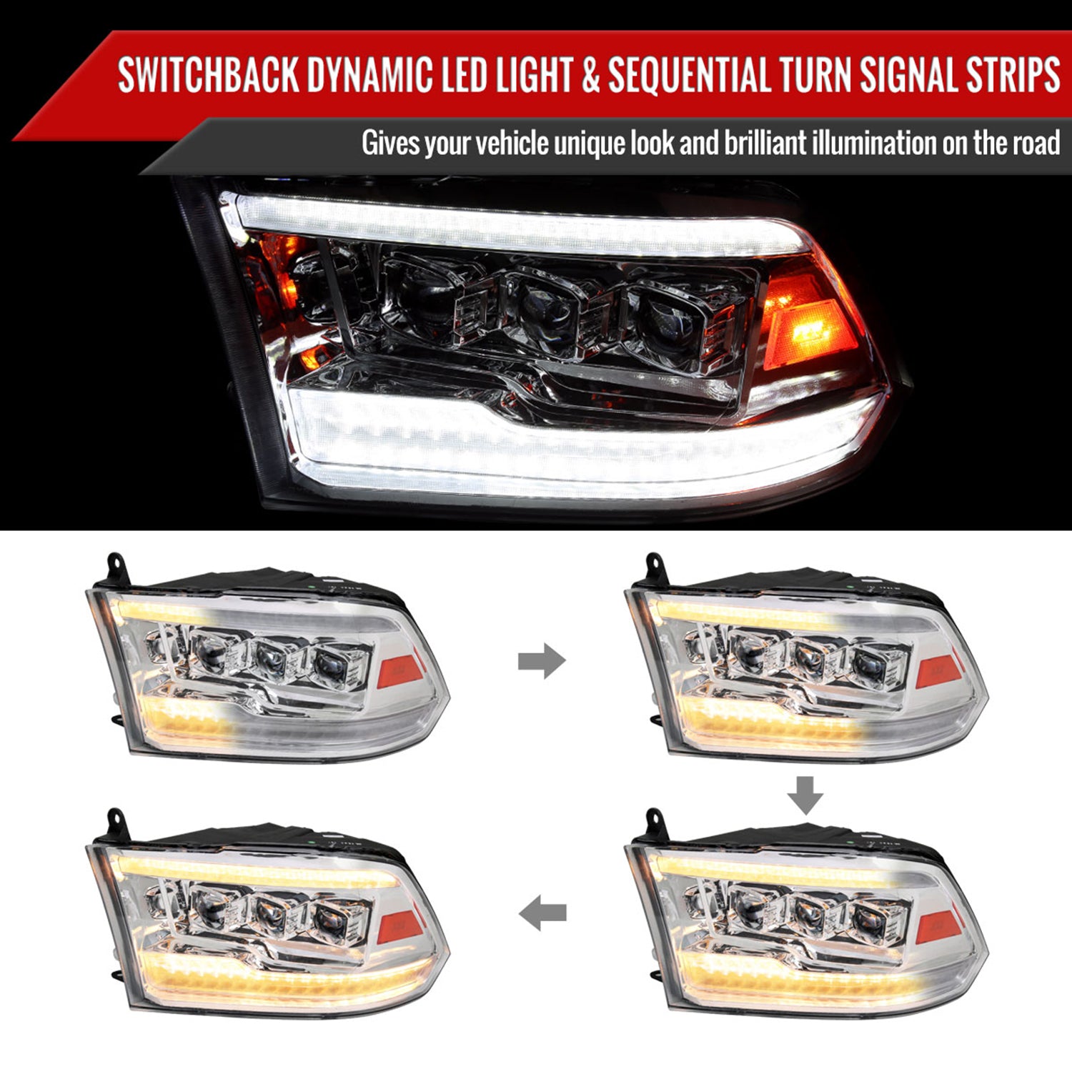 2009-2018 Dodge RAM 1500 / RAM 2500 3500 Full LED Switchback Headlights Chrome