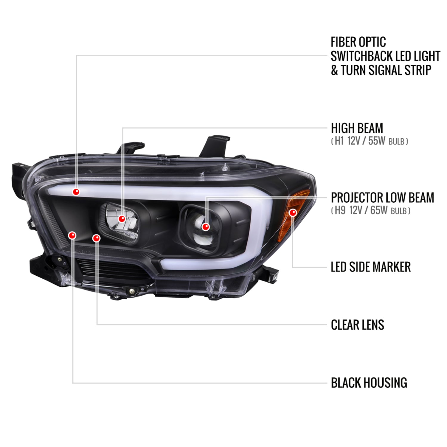 2016-2023 Toyota Tacoma Switchback LED C-Bar Projector Headlights Matt Black