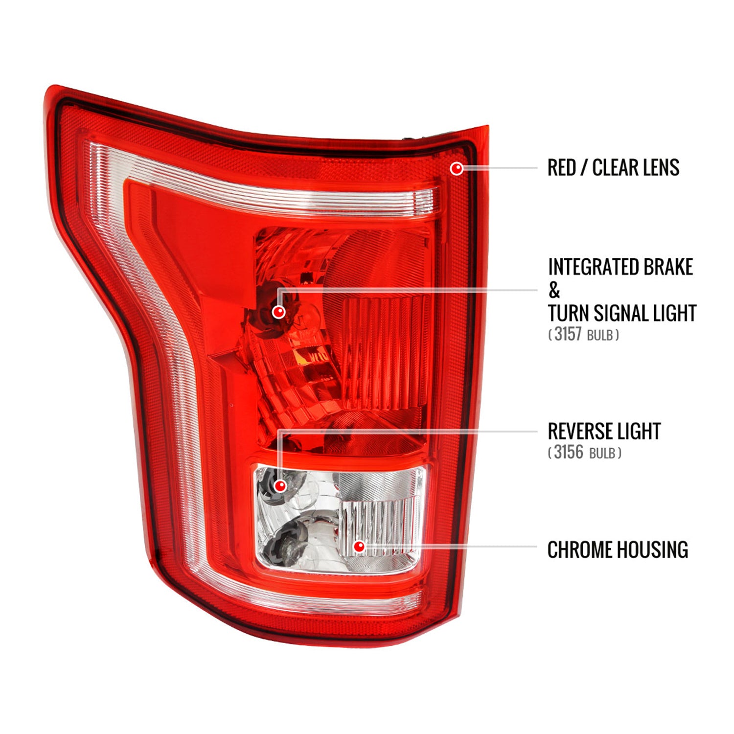 2015-2017 Ford F-150 Factory Driver/Left Tail Light Assembly Chrome/Red Clear