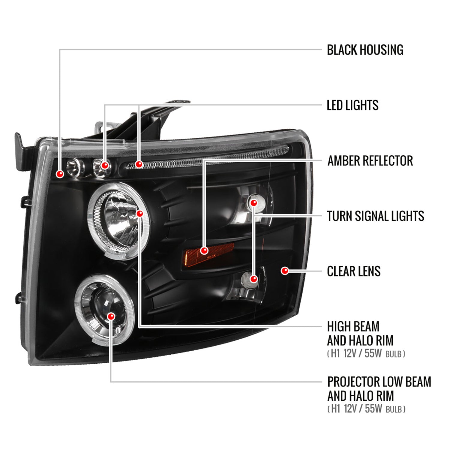 2007-2013 Chevy Silverado 1500 2500HD 3500HD Dual Halo Headlights Matte Black