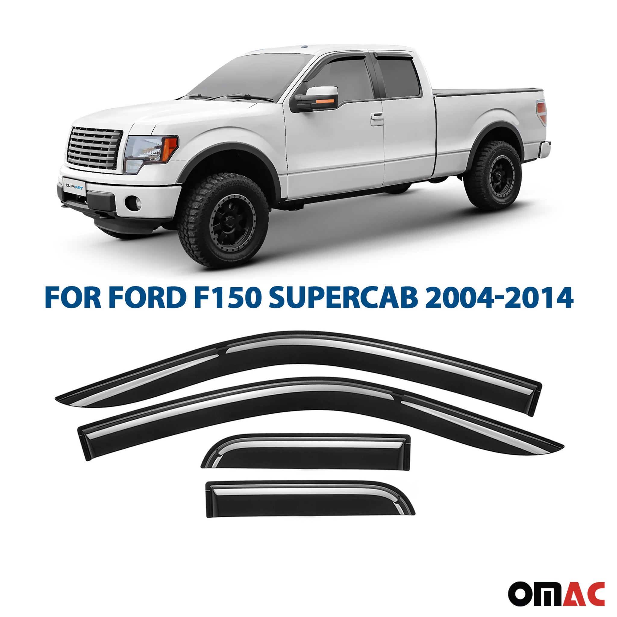 Clim Art Wind Deflectors for Ford F150 2004-2014 SuperCab Shatterproof Smoke 4x
