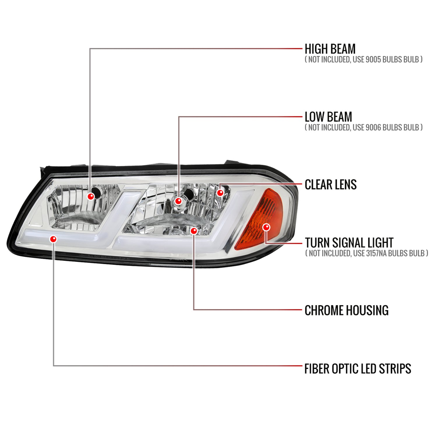 2000-2005 Chevy Impala LED Bar Factory Style Headlights Chrome/Clear Lens