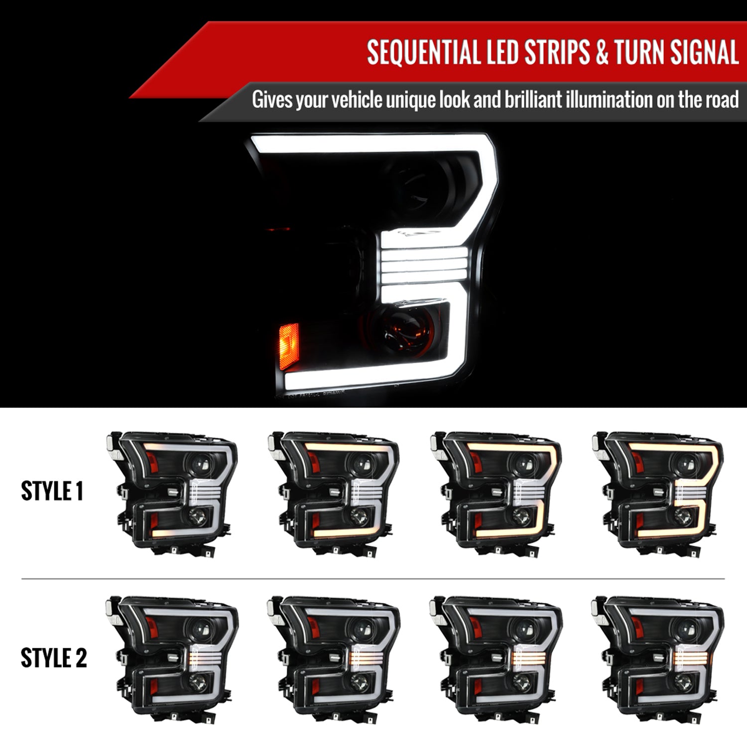 2015-2017 Ford F-150 LED Bar Projector Headlights Turn Signals Black / Clear