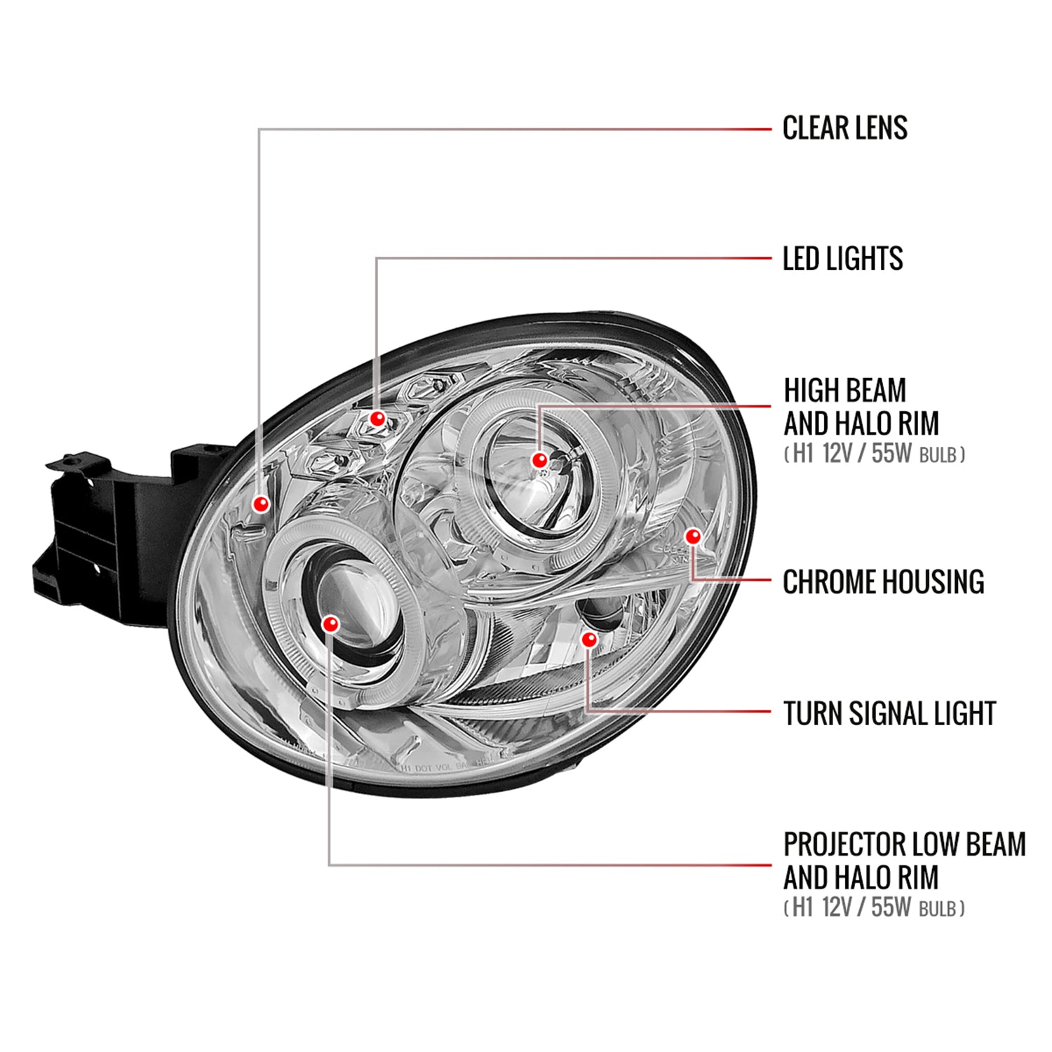 2002-2003 Subaru Impreza Dual Halo Bug Eye Projector Headlights Chrome/Clear