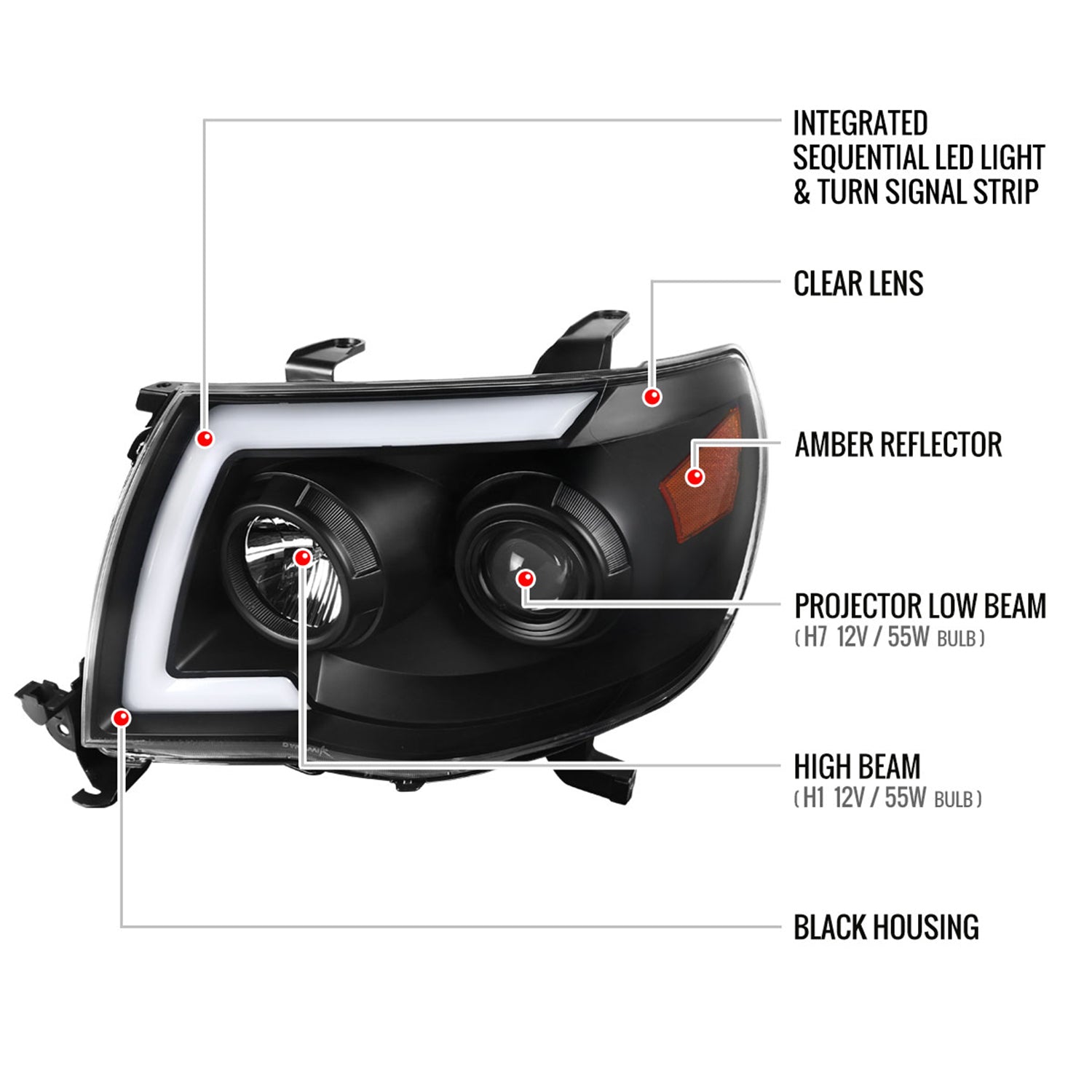 2005-2011 Toyota Tacoma LED Bar Projector Headlights Turn Signal Lights Black