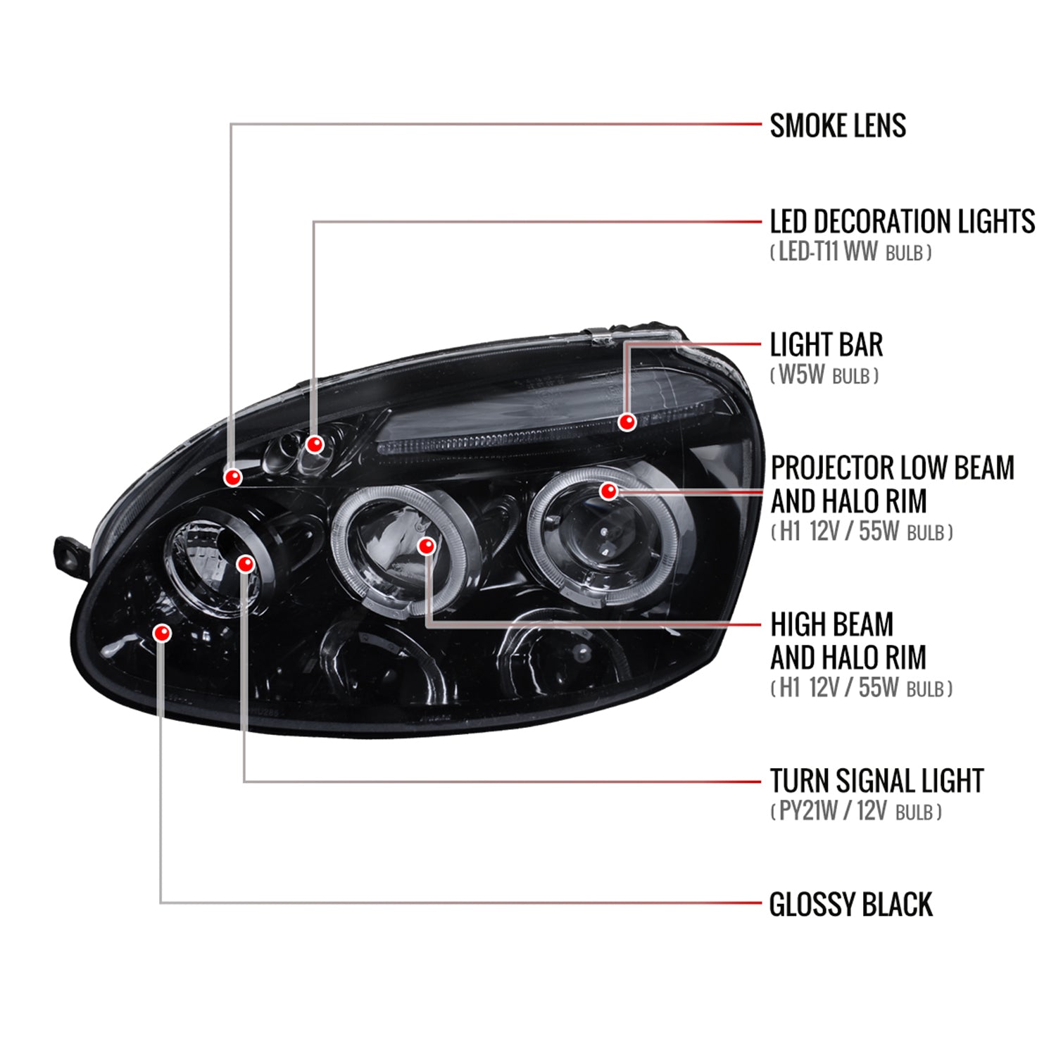 2006-2008 VW Golf Rabbit/ 2006-2010 Jetta Dual Halo Projector Headlights Smoke