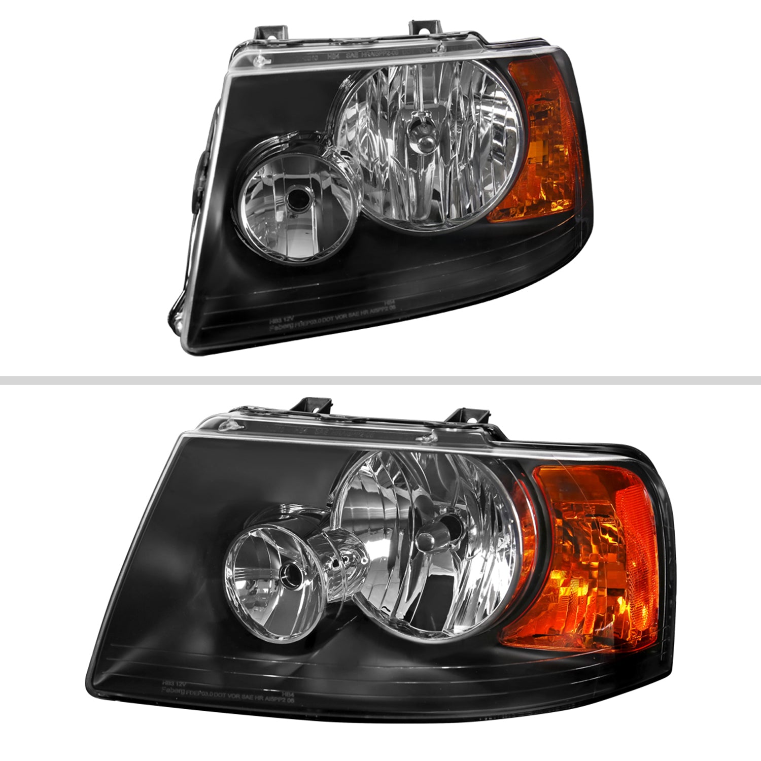 2003-2006 Ford Expedition Factory Headlights Amber Reflector Matt Black/Clear