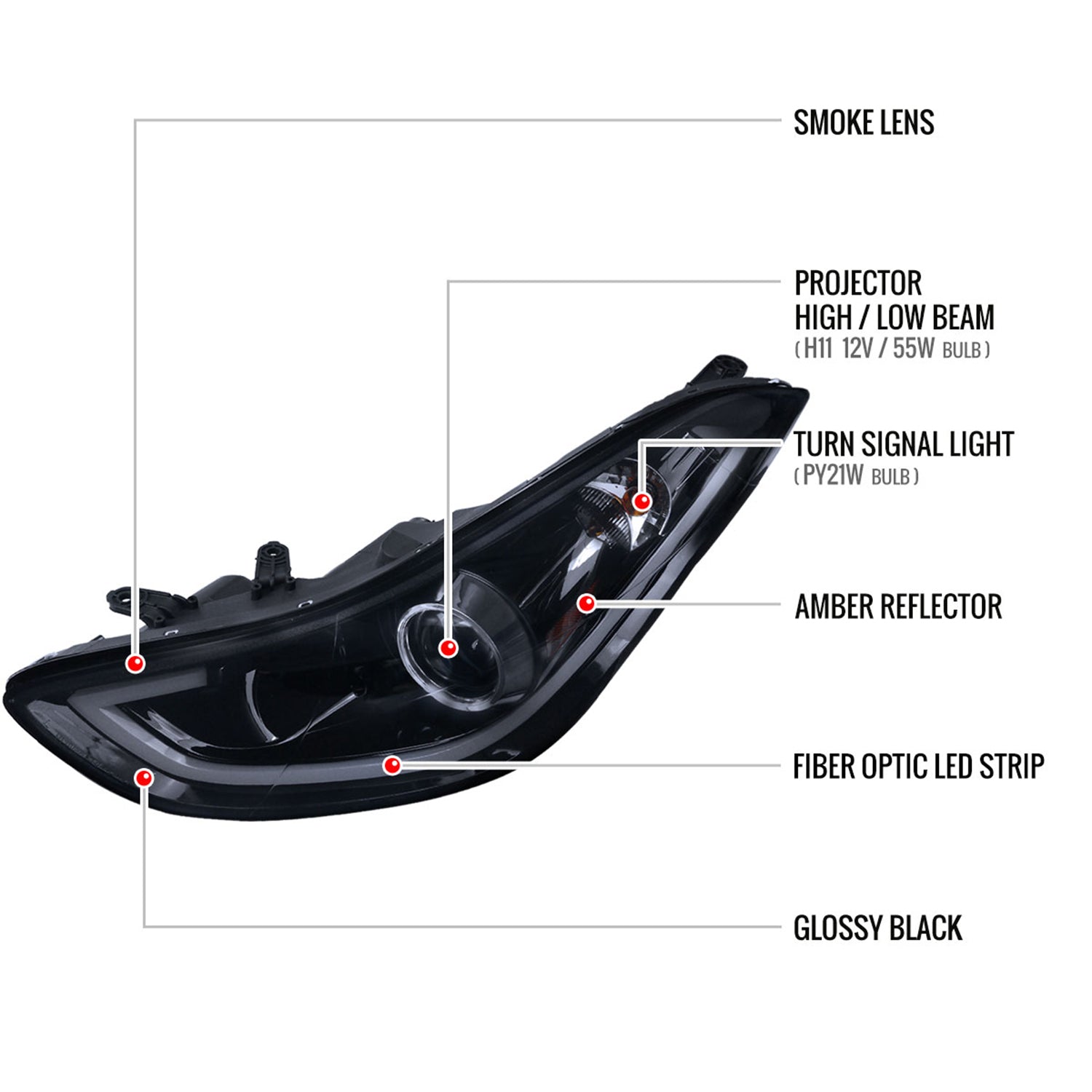 2011-2013 Hyundai Elantra Projector Headlights w/ LED Bar Glossy Black/Smoke