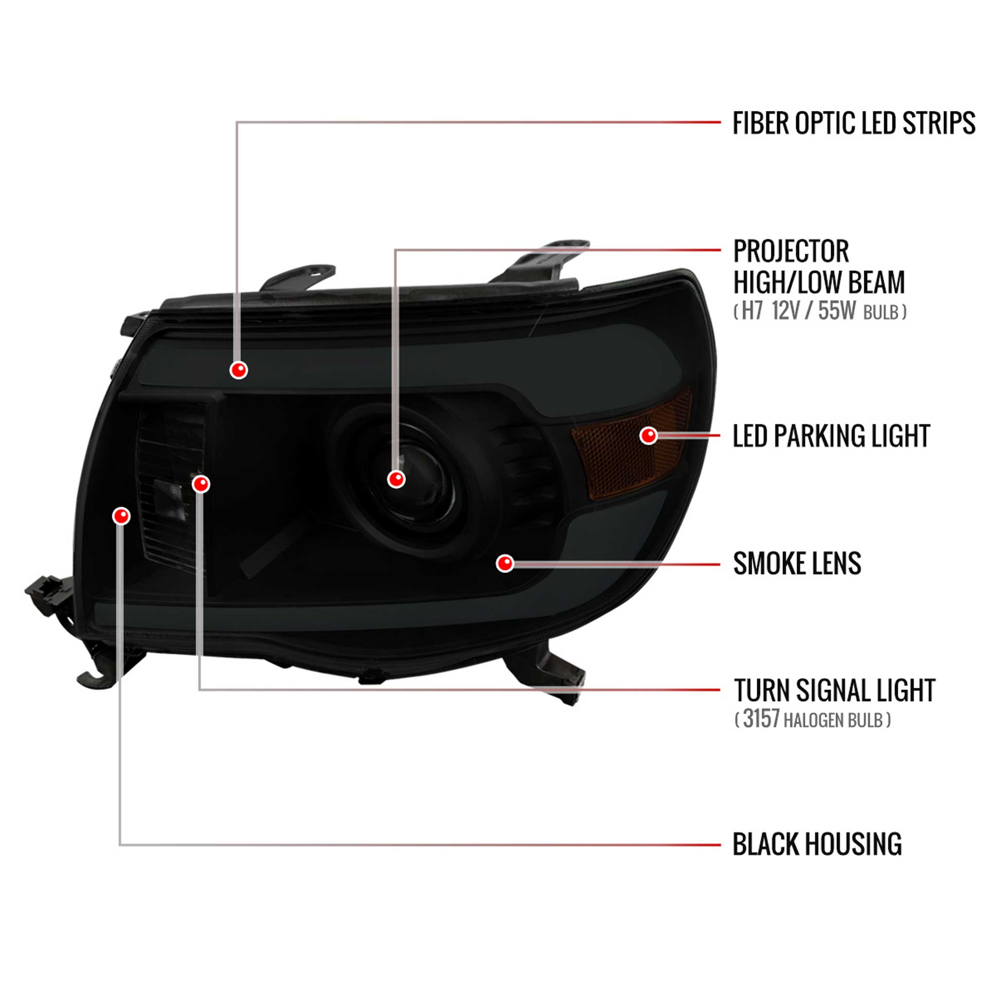 For Toyota Tacoma 2005-2011 LED Bar Projector Headlights Chrome Housing Smoked Lens