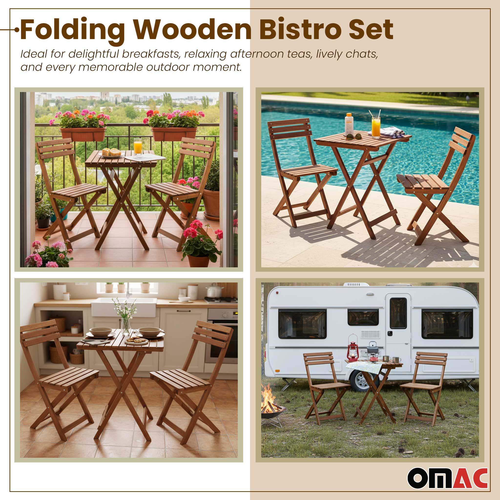 3Pcs Folding Wooden Bistro Set Dining Indoor Outdoor Furniture BBQ Picnic Party