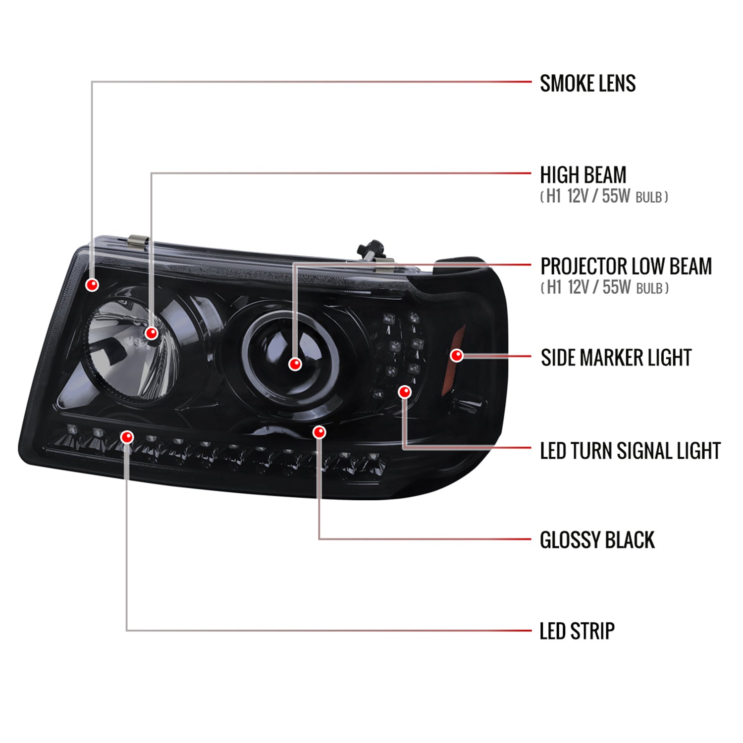 2001-2011 Ford Ranger Projector Headlights LED Light & LED Signal Lights Smoke