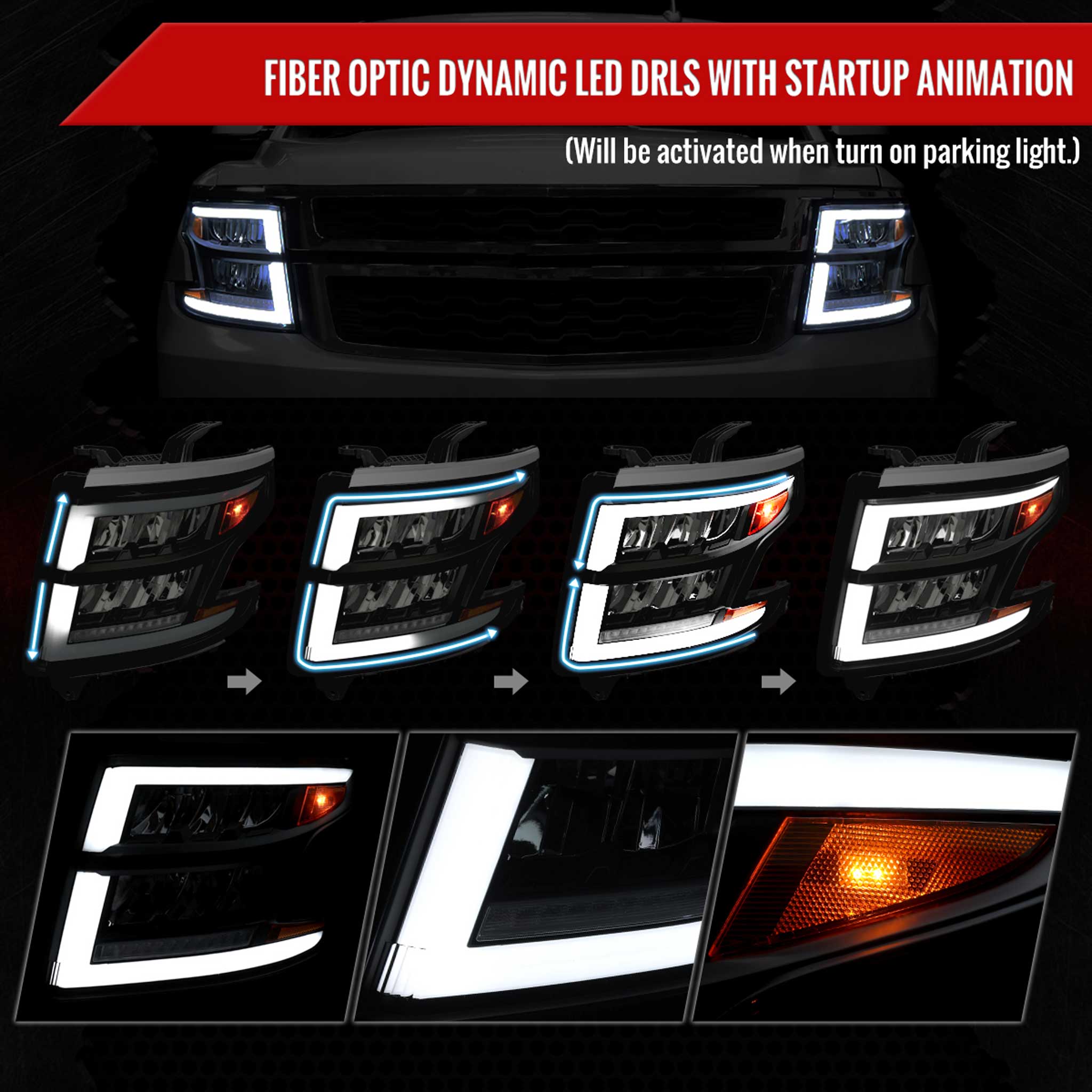 For Chevrolet Tahoe 2015-2020 Full LED DRL Sequential Headlights Matte Black Housing Smoked Lens