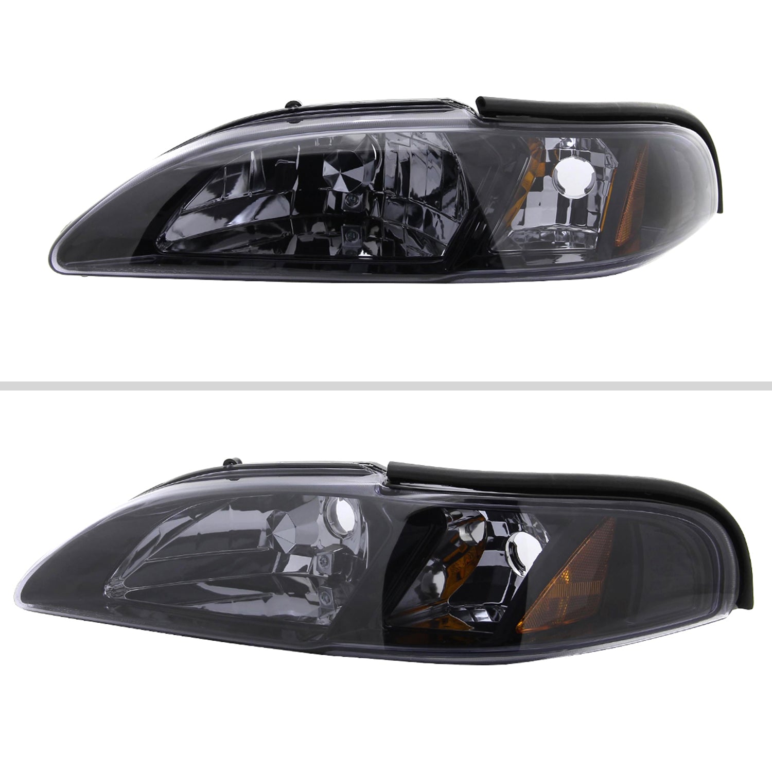 1994-1998 Ford Mustang 1PC Crystal Headlights w/Amber Reflectors Chrome/Smoke