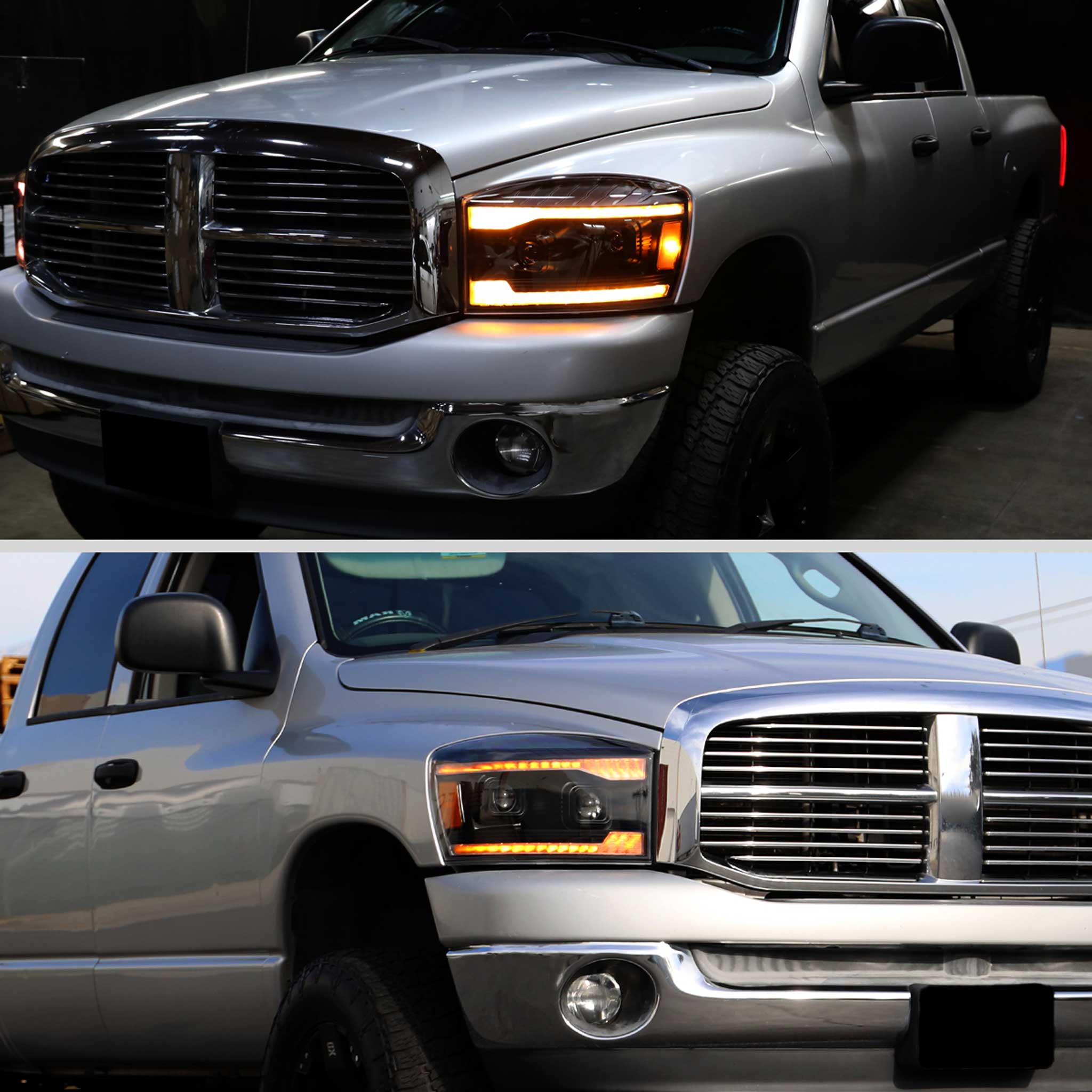 For Dodge RAM 1500 2006-08 / RAM 2500 3500 2006-09 Headlights Switchback Amber LED Strip Turn Signals DRL Black Housing Smoked Lens
