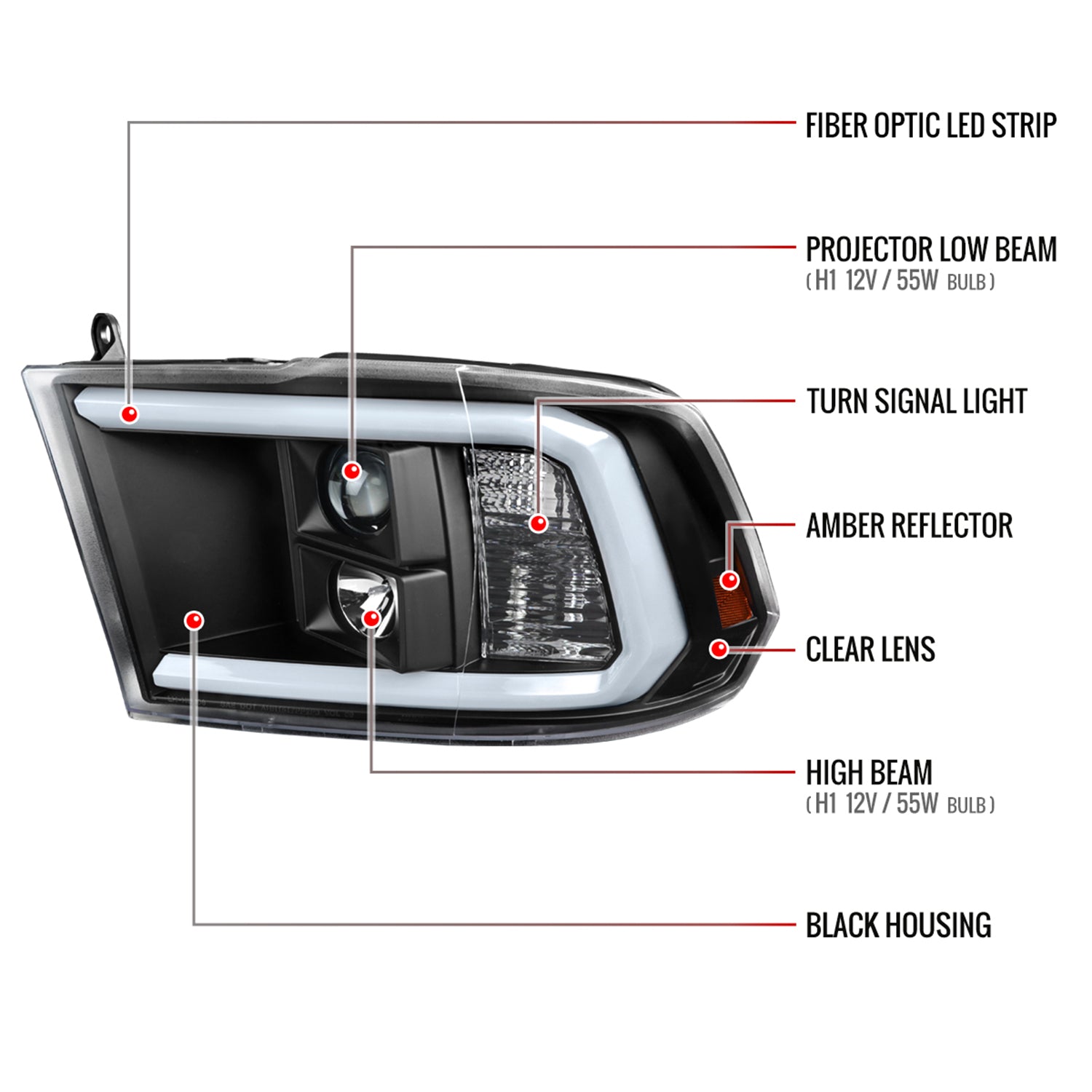 2009-2018 Dodge RAM 1500 / RAM 2500 3500 LED C-Bar Headlights Black