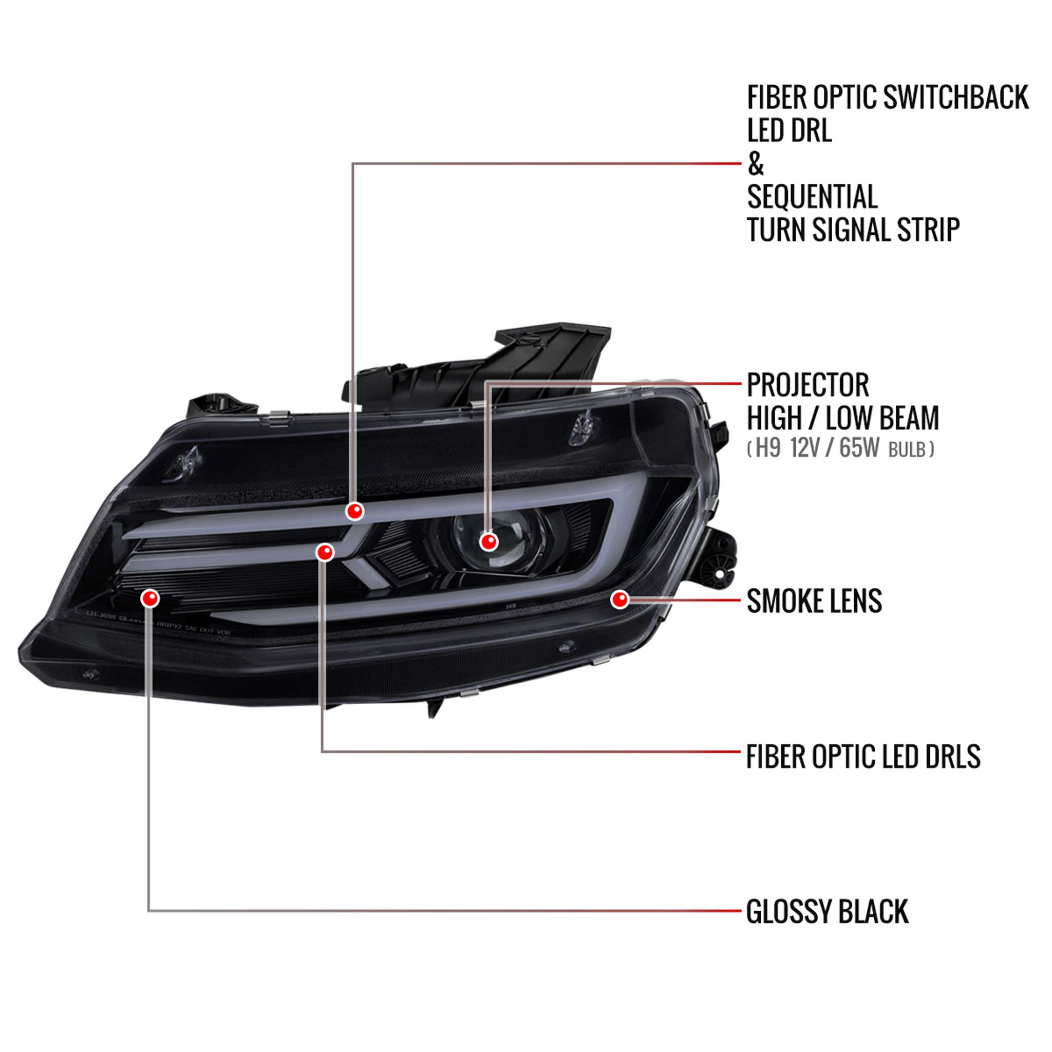 For Chevrolet Camaro 2016-2018 LED Strip Projector Headlights Turn Signal Lights Chrome Housing Smoked Lens