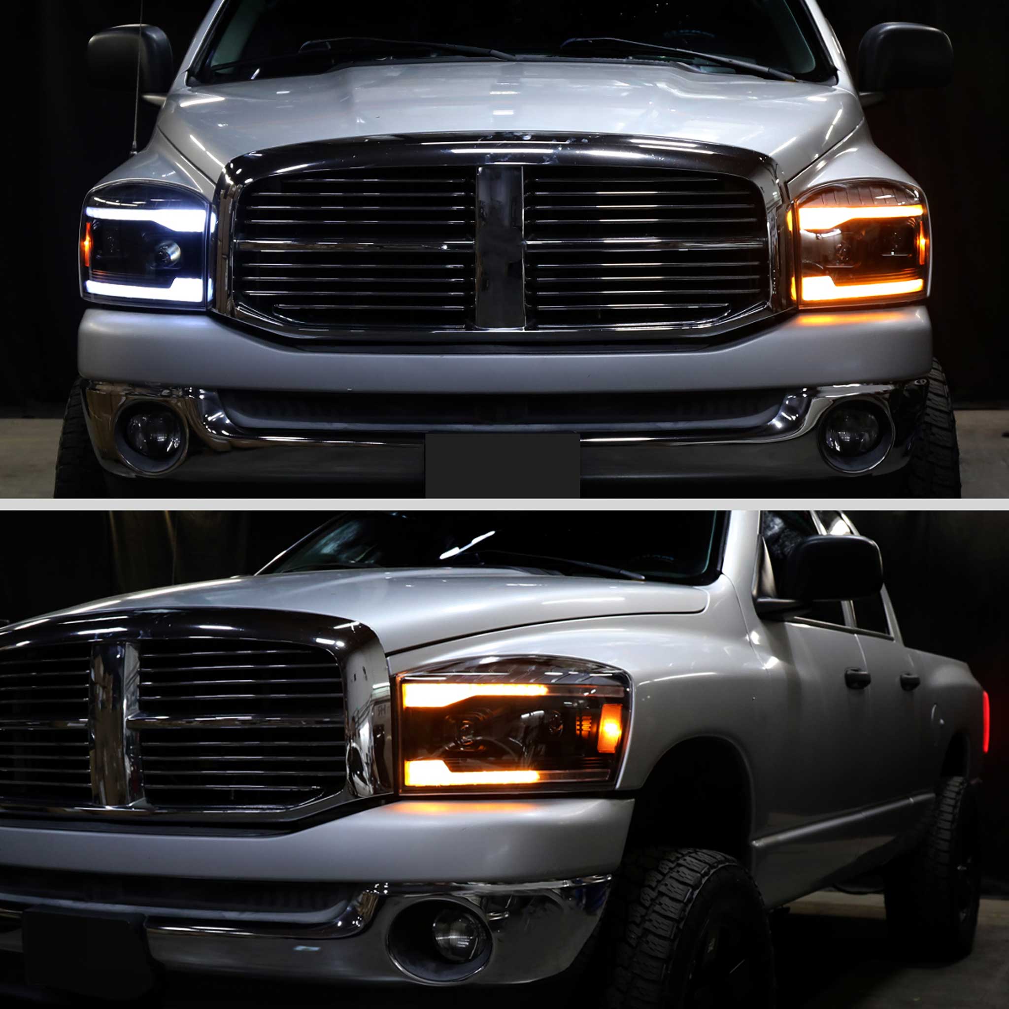 For Dodge RAM 1500 2006-08 / RAM 2500 3500 2006-09 Headlights LED Strip Turn Signal DRL Startup Animation Black Housing Smoked Lens