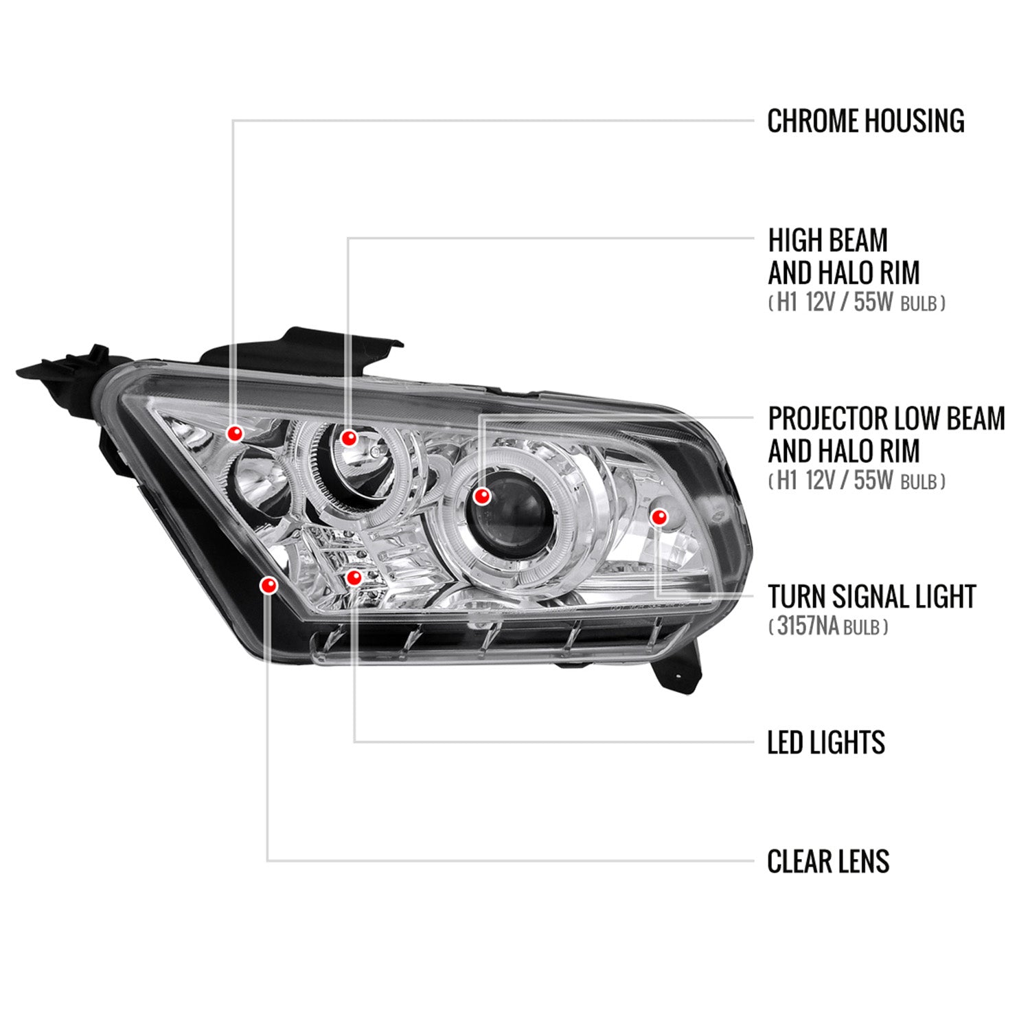 2010-2014 Ford Mustang Dual Halo Projector Headlights Chrome/Clear Lens