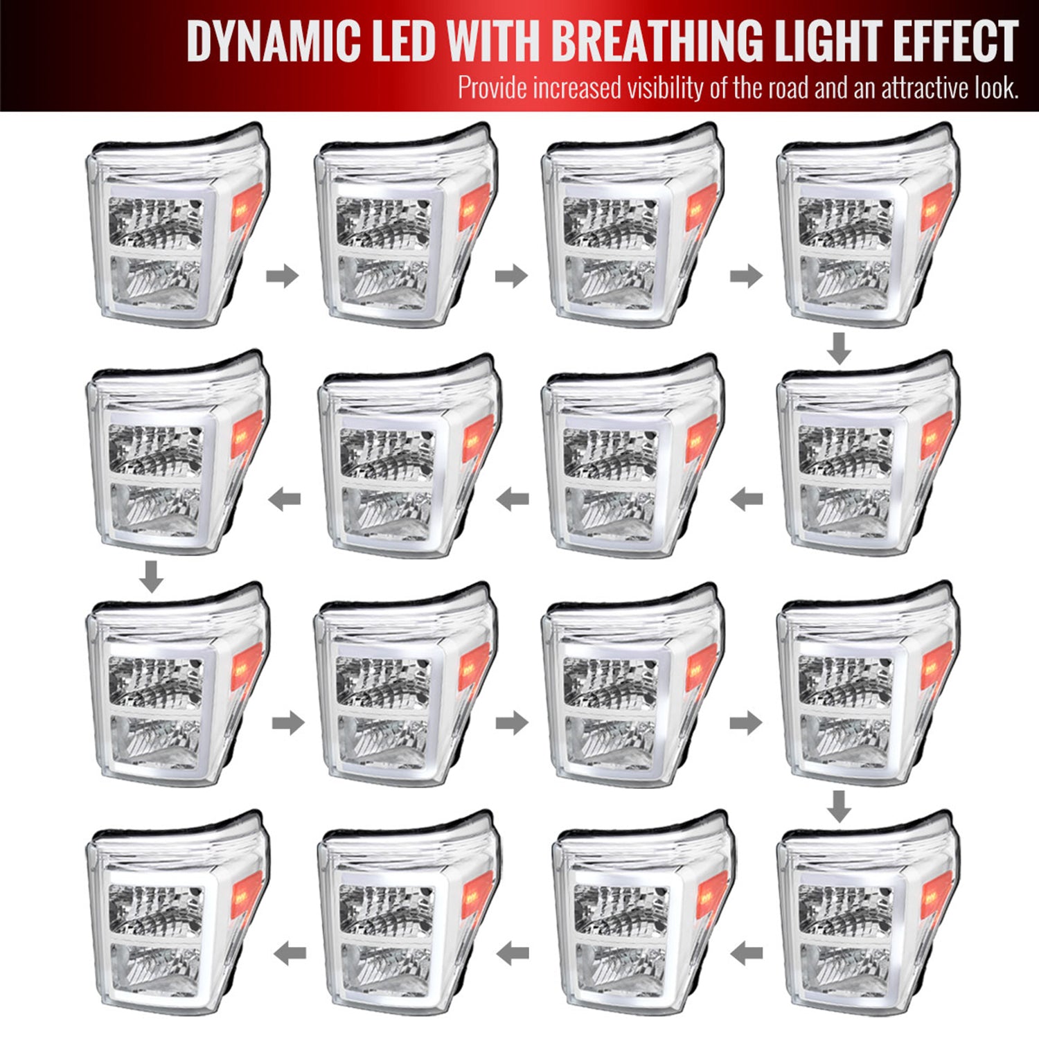 2011-2016 Ford F-250/350/450/550 Super Duty LED CBar Factory Headlights Chrome