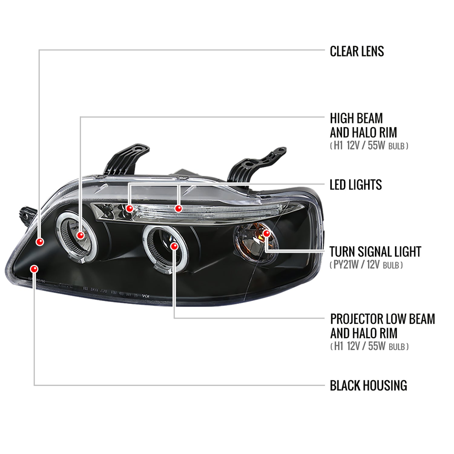 2004-2008 Chevy Aveo Dual Halo Projector Headlights Matte Black/Clear Lens