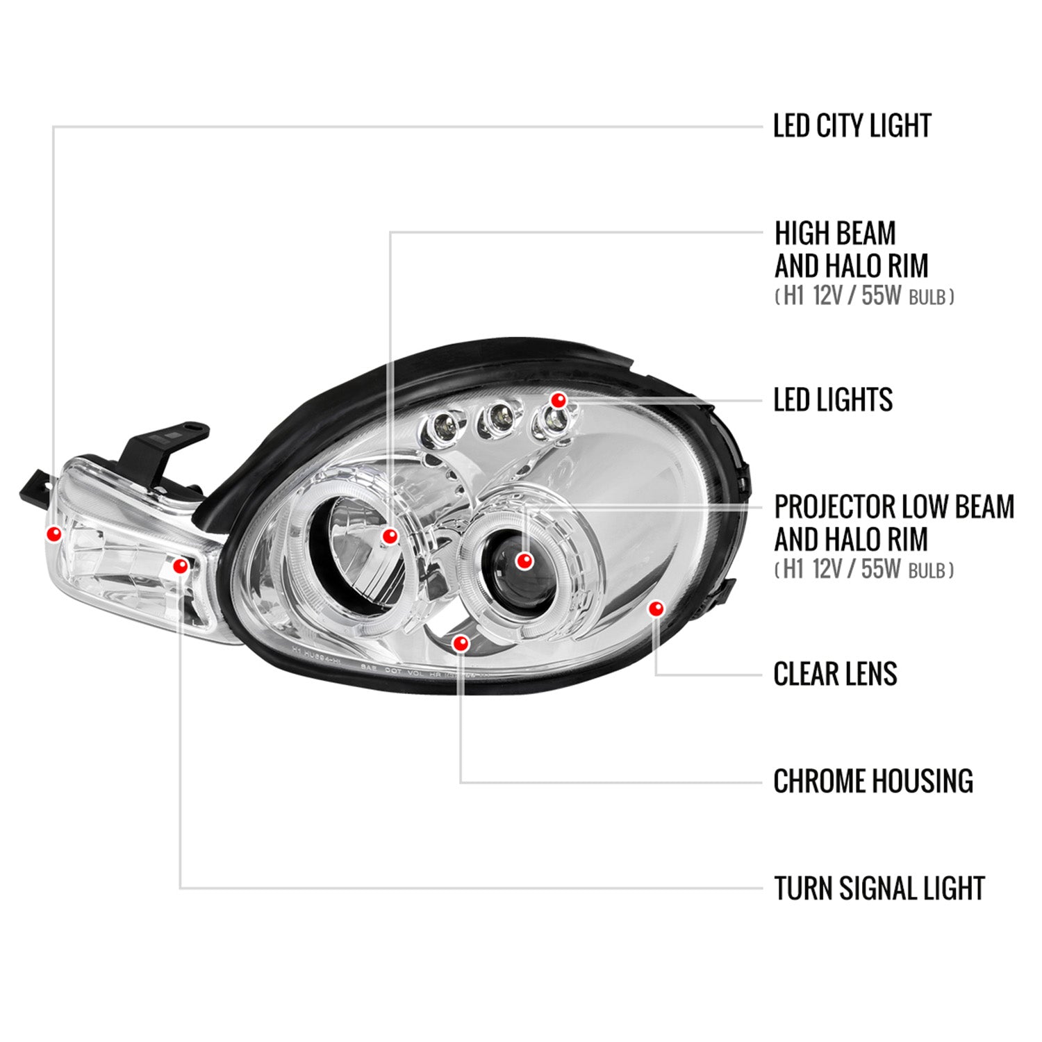 2000-2002 Dodge Plymouth Neon Dual Halo Projector Headlights Chrome/Clear Lens