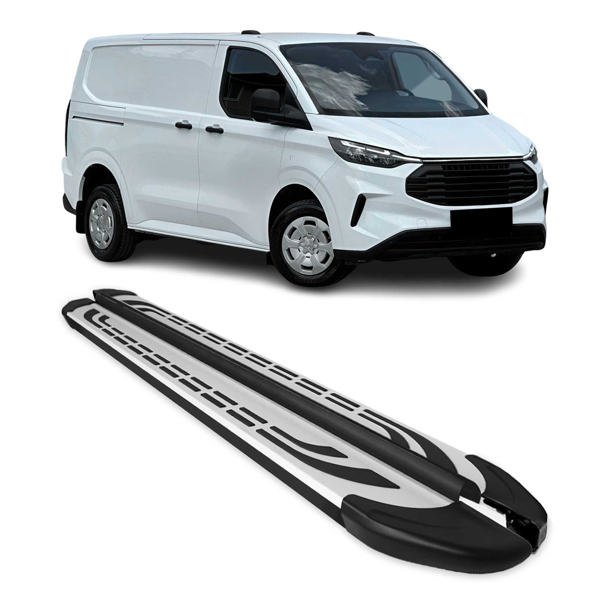 2023-2024 Ford Transit Running Boards Side Steps Silver & Black L1 SWB
