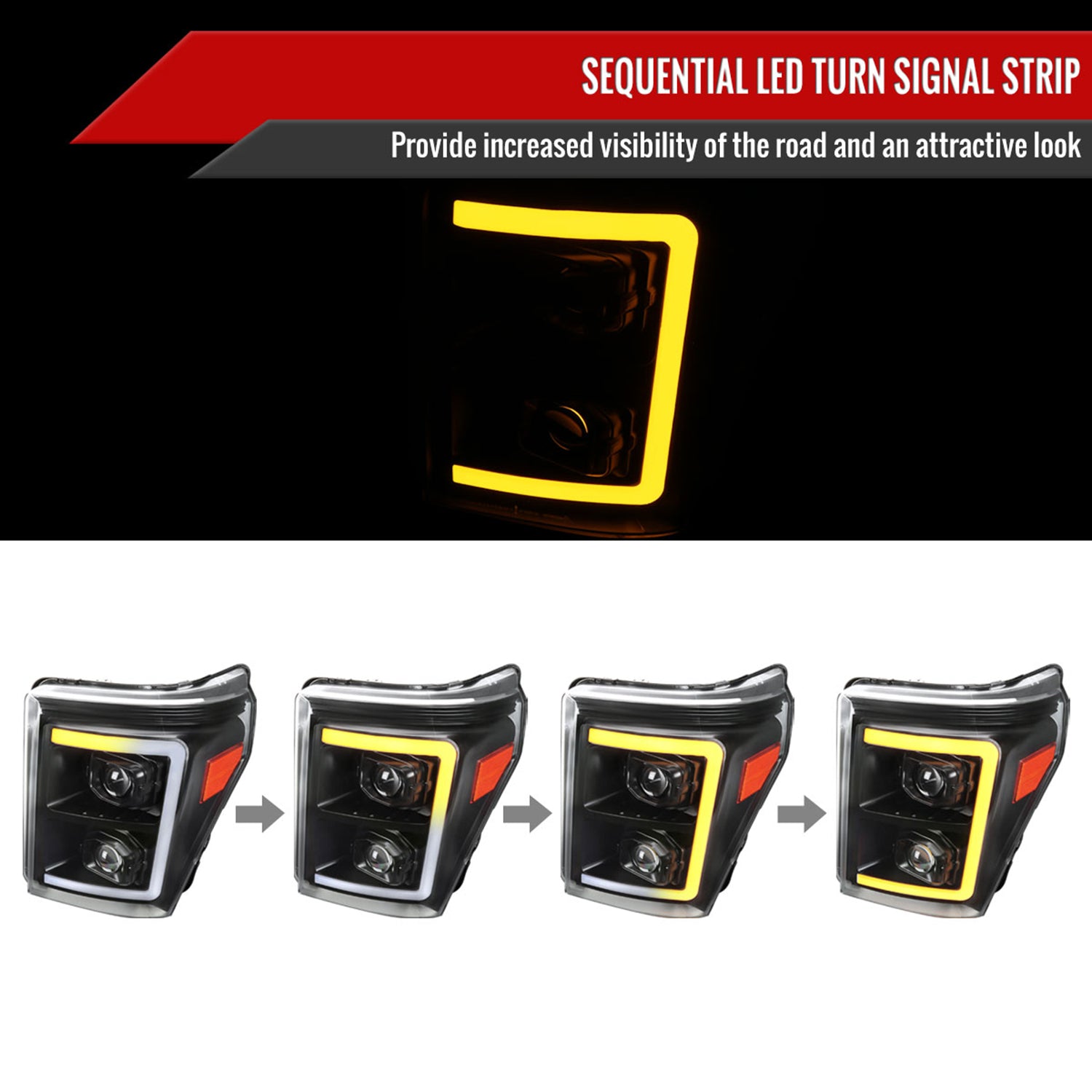 2011-2016 Ford F-250 F-350 F-450 F-550 LED CBar Projector Headlights Black