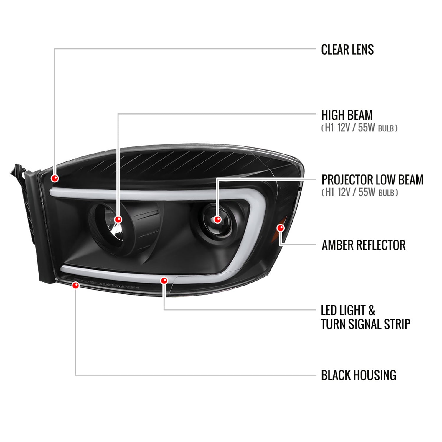 2006-2008 Dodge RAM 1500/ 06-2009 2500 3500 LED CBar Projector Headlights Black