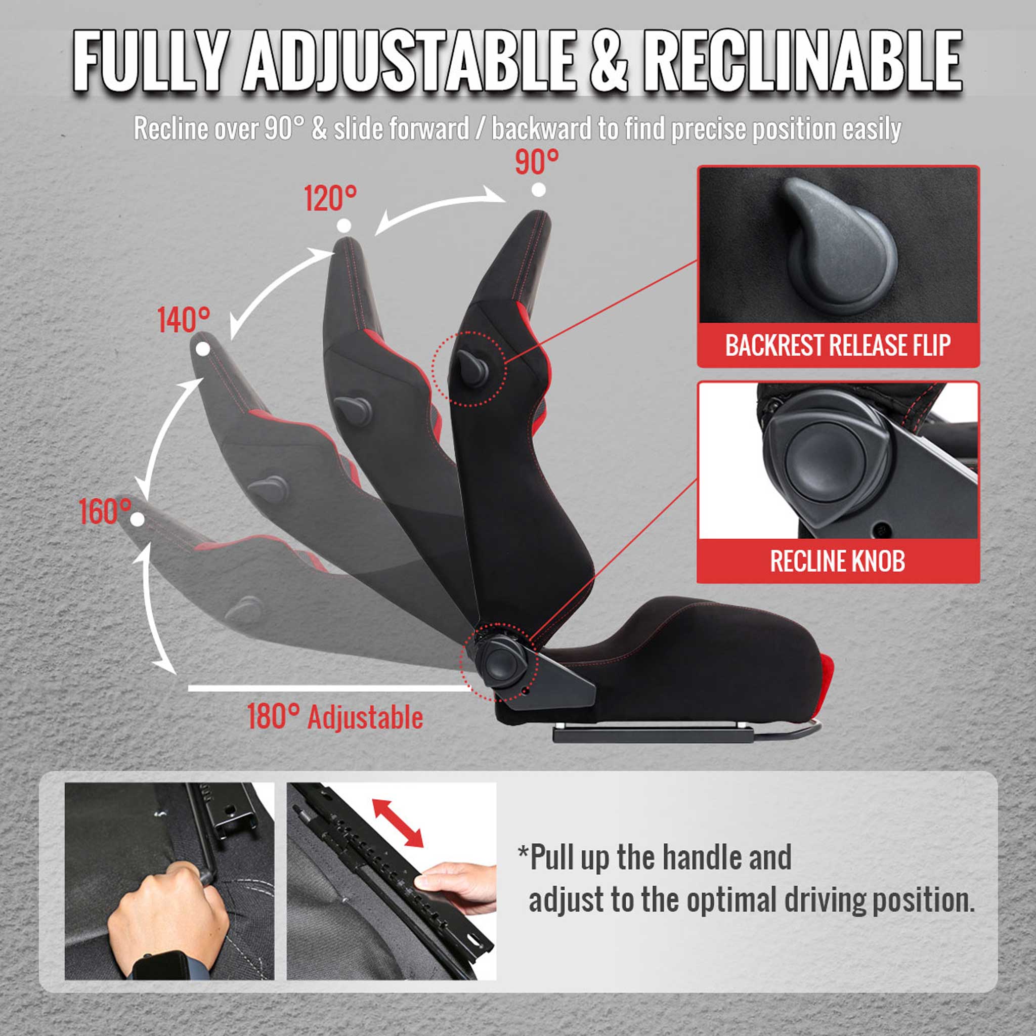 Universal Racing Seat Bright Red Suede Front Black Suede Black Double Red Stitch