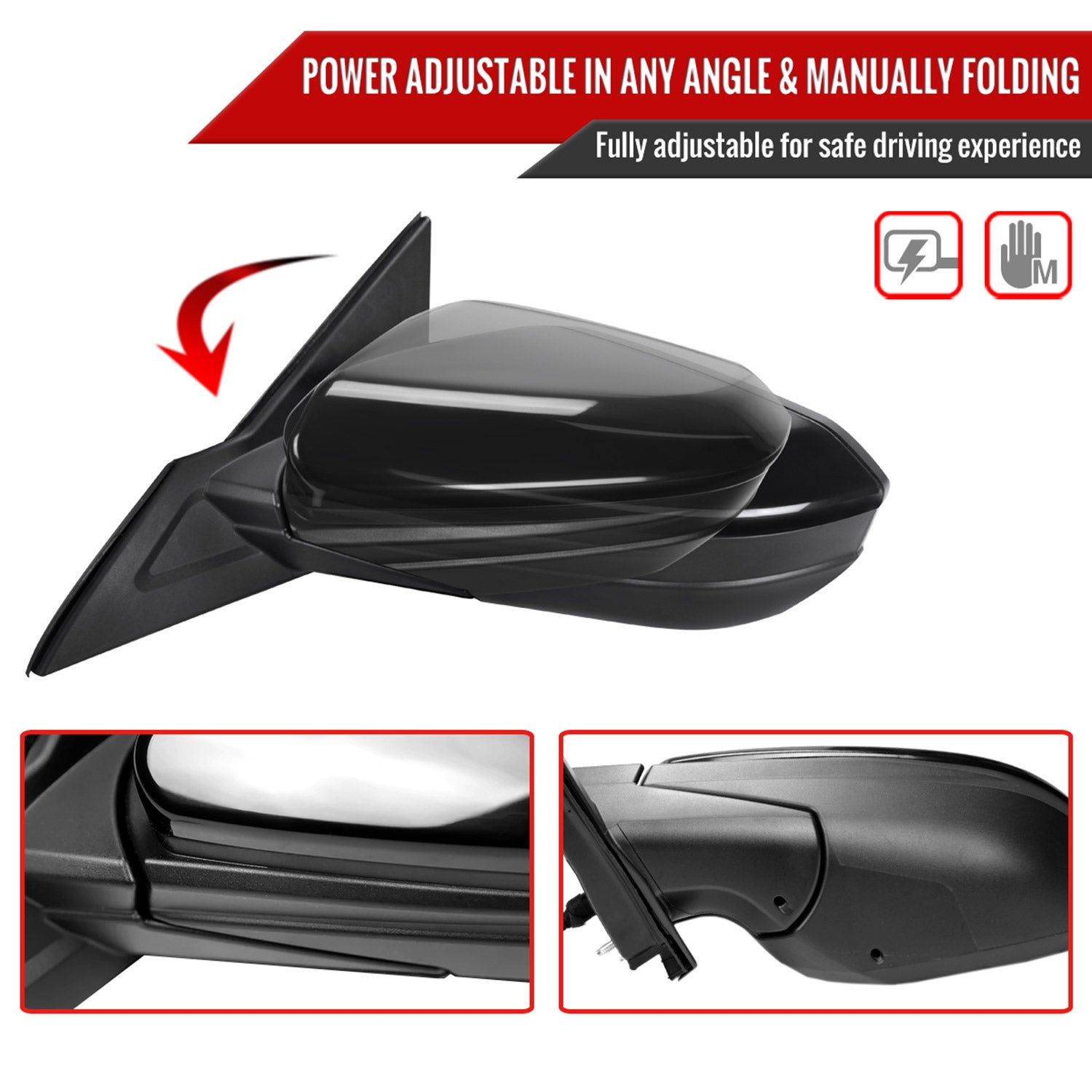 2016-2020 Honda Civic Driver/Left 3-Pin Glossy Black Adjustable Side Mirror