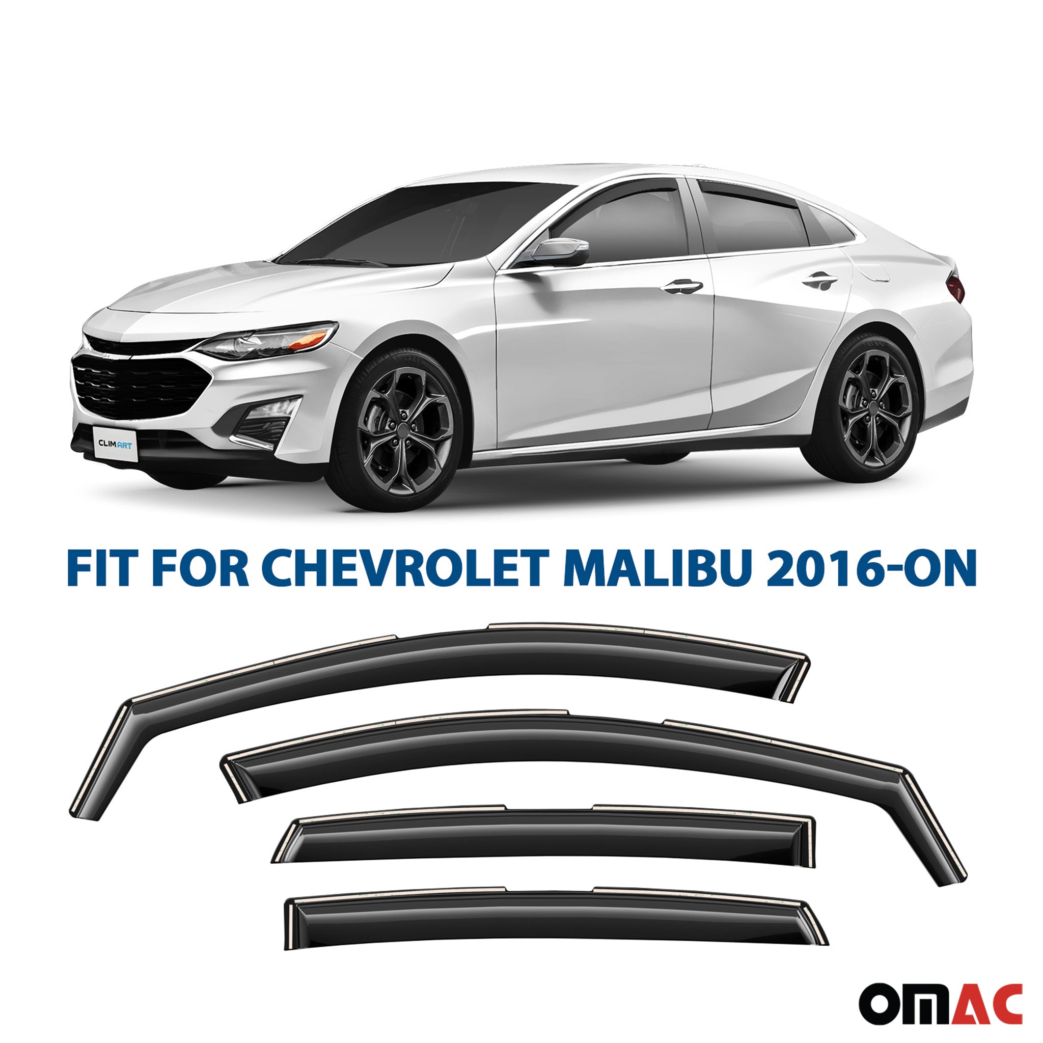 Clim Art Wind Deflectors for Chevrolet Malibu 2016-2025 Shatterproof 4 Pcs