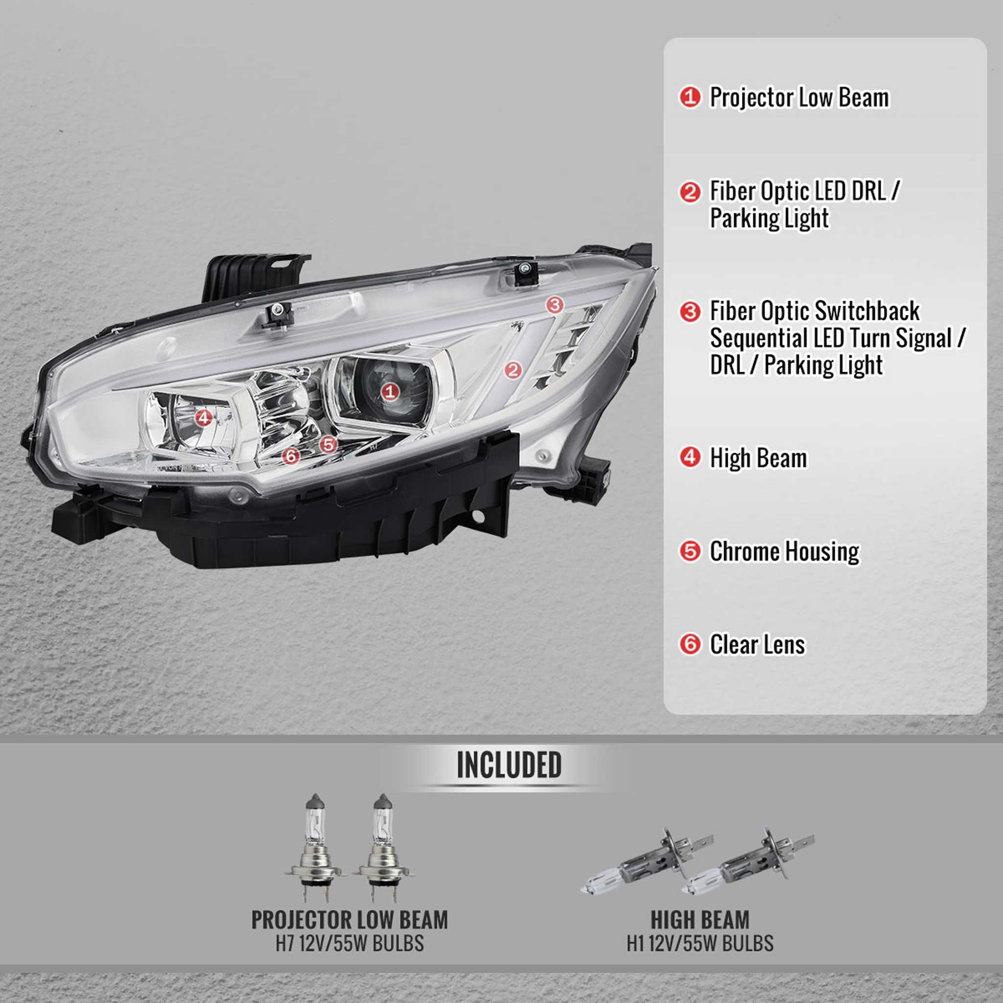 For Honda Civic 2016-2021 Projector Headlights Sequential DRL Chrome Housing Clear Lens