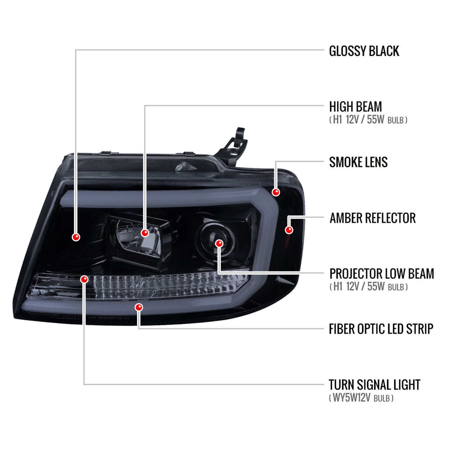 2004-2008 Ford F-150/Lincoln Mark LT LED CBar Projector Headlights Smoke