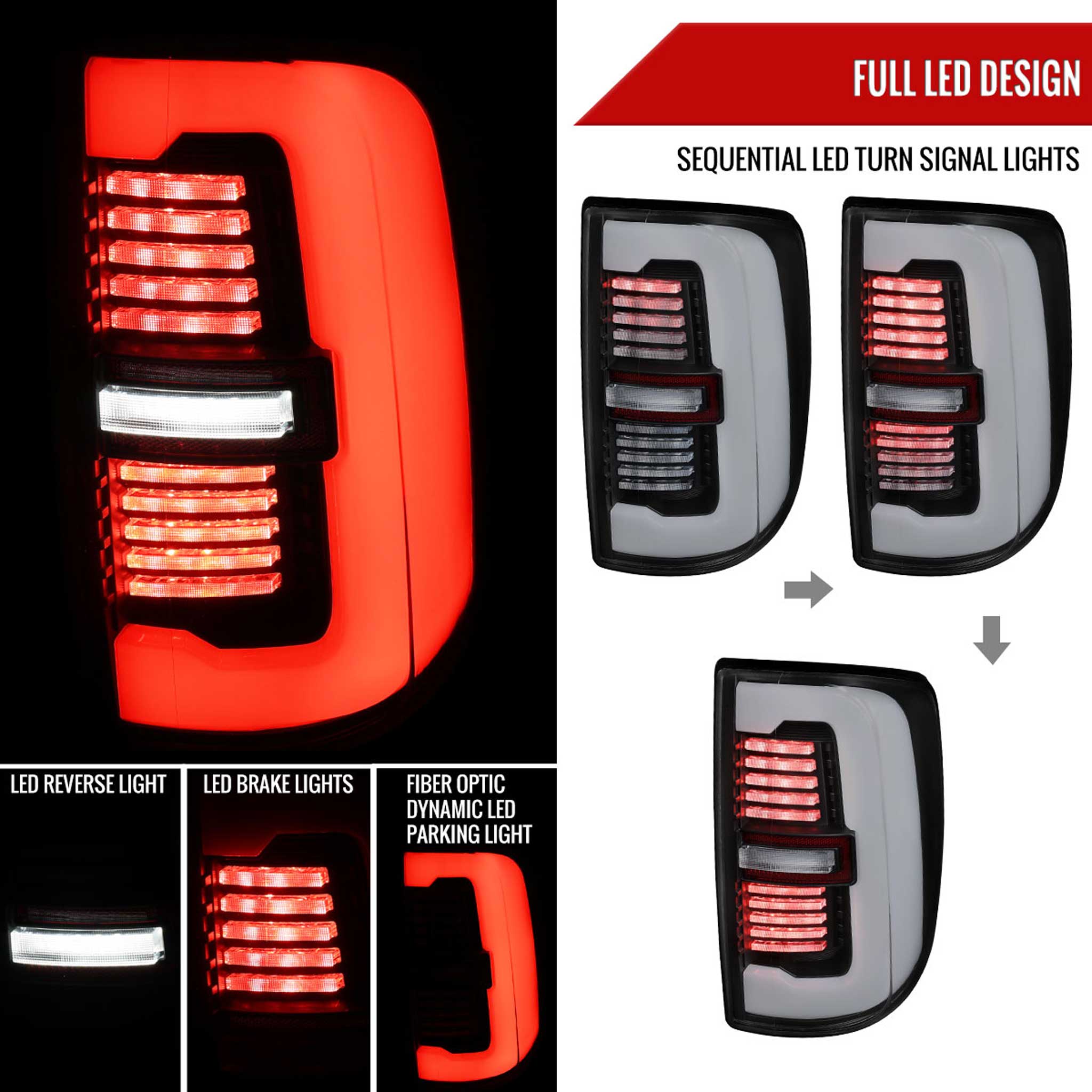 For Dodge RAM 2500/3500 2019-2024 LED Sequential Signal Tail Lights Matte Black Housing Clear Lens