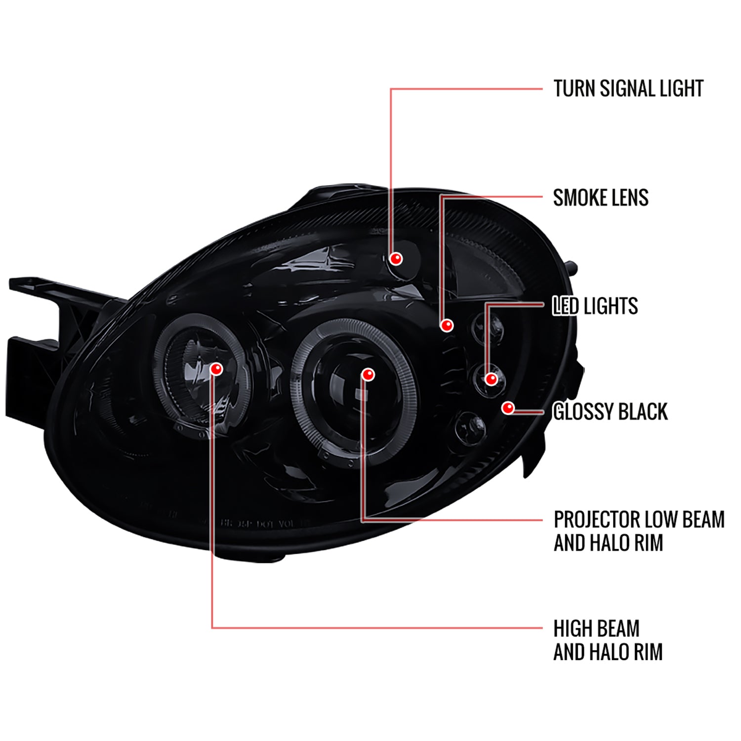 2003-2005 Dodge Neon Dual Halo Projector Headlights Glossy Black/Smoke Lens