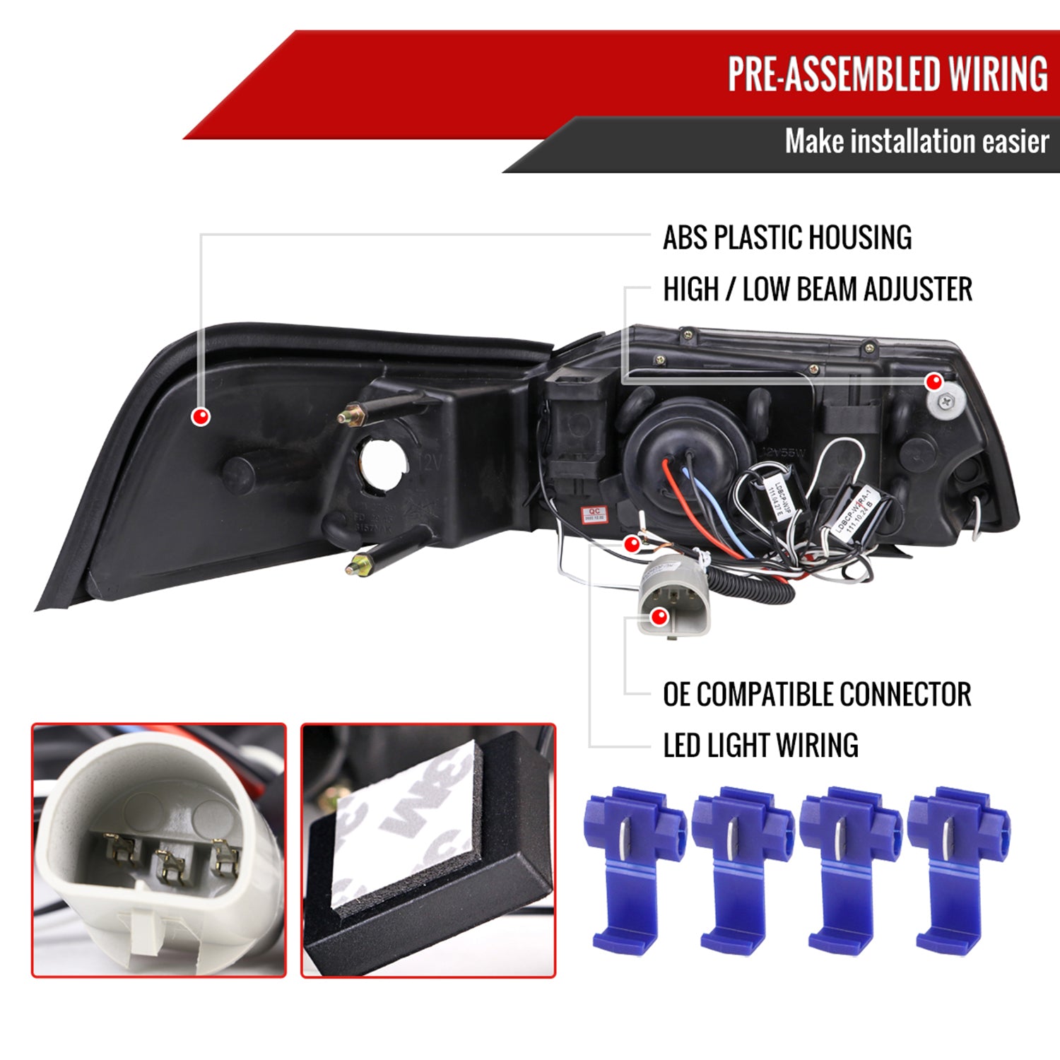 1999-2004 Ford Mustang Dual Halo Projector Headlights Chrome/Clear Lens