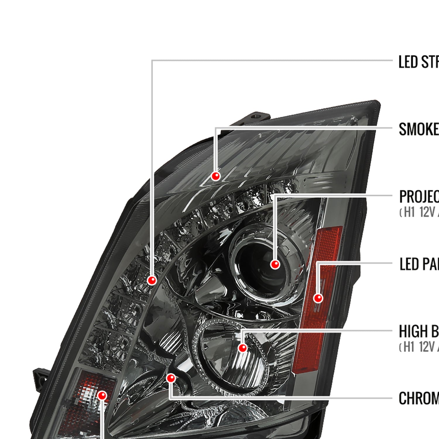 2008-2014 Cadillac CTS SMD LED Light Strip Projector Headlights Chrome/Smoke