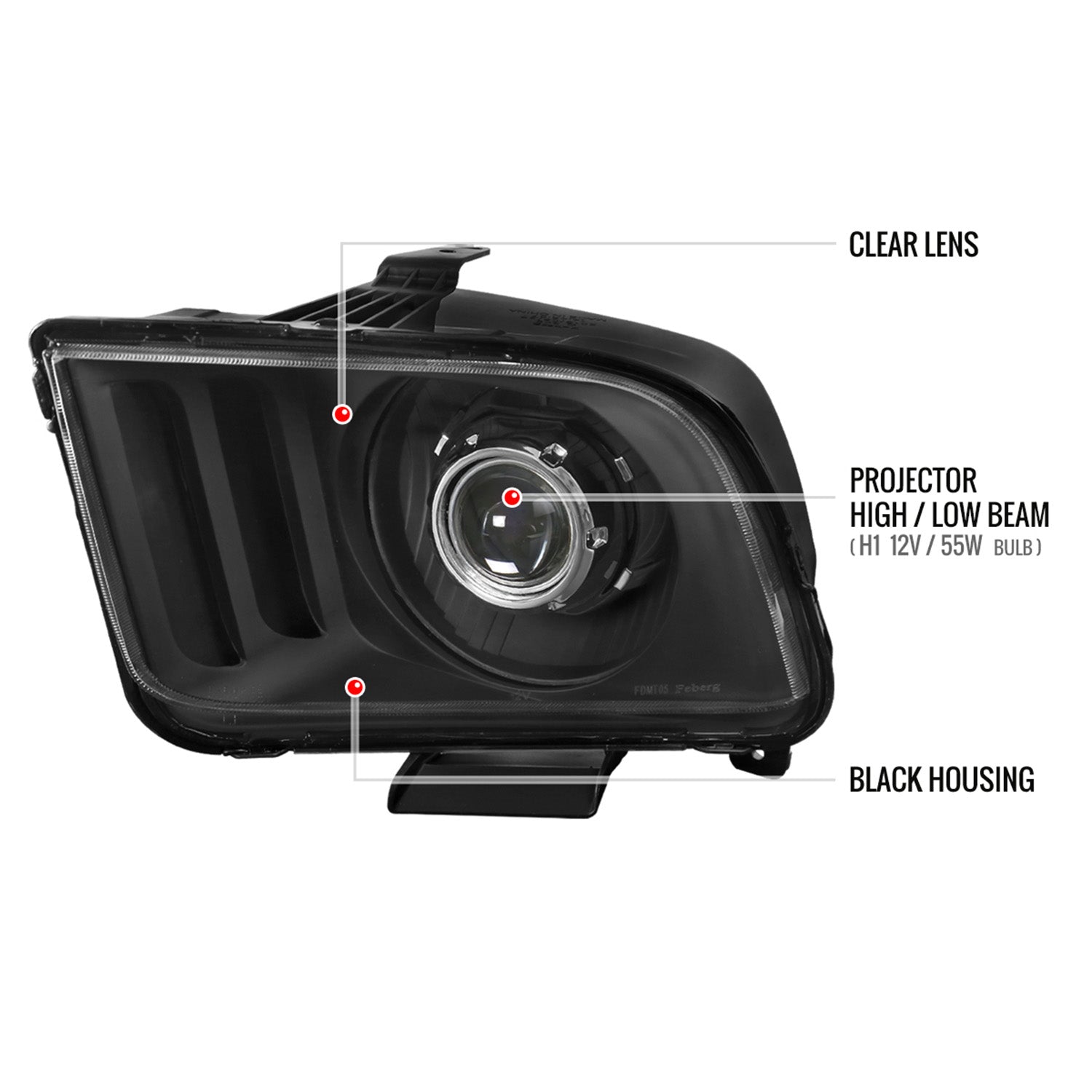 2005-2009 Ford Mustang H1 Projector Headlights Matte Black/Clear Lens