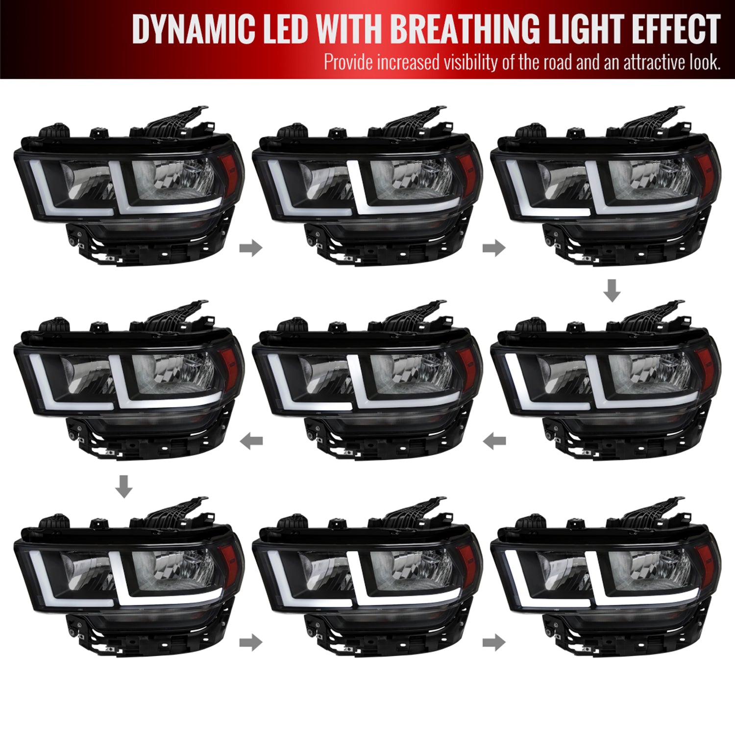 2019-2024 Dodge RAM 2500/3500/4500/5500 LED Bar Factory Headlights Matt Black