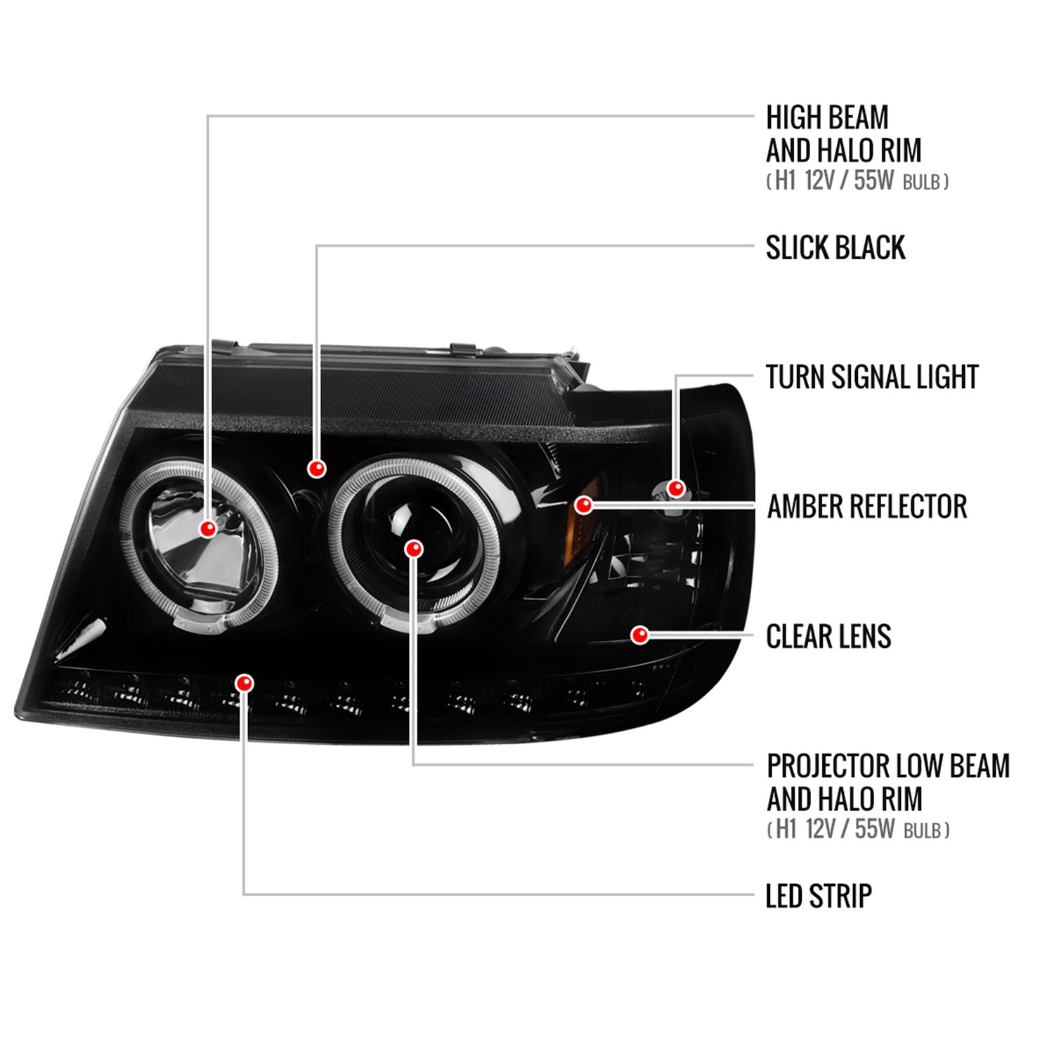 2002-2005 Ford Explorer Dual Halo Projector Headlights LED Light Strip Black